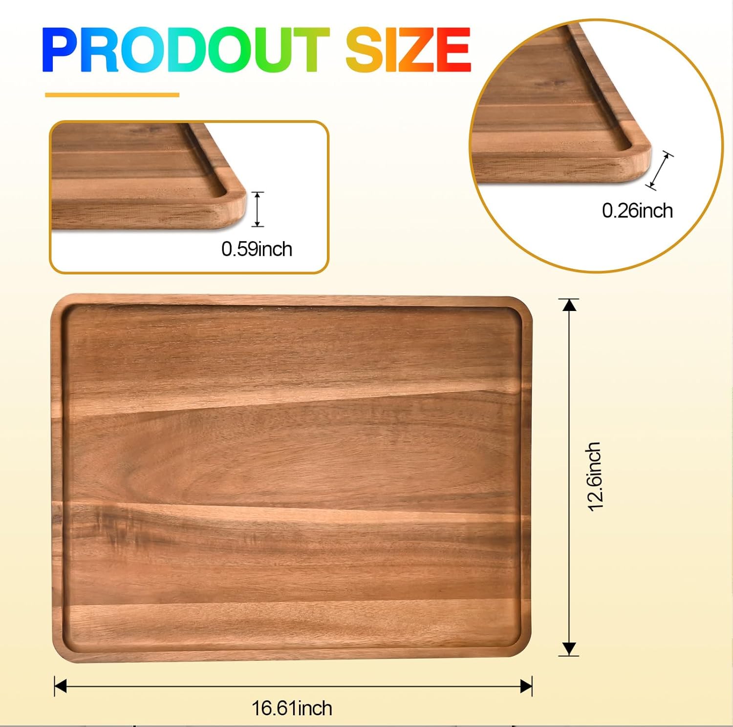 2 Pcs Acacia Wood Serving Tray, Rectangular Wooden Serving Platters Charcuterie Board, Large Wood Kitchen Display Tray for Food, Cookie, Dessert, Fruit, Snack, Vegetable, 16.6" x 12.6" x 0.6"