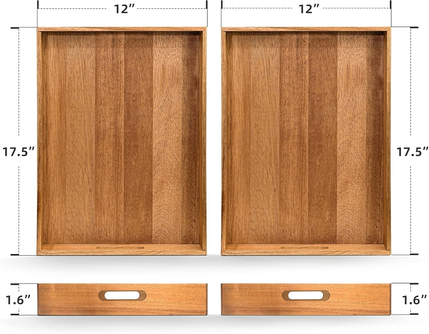 Acacia Wood Serving Tray with Handles Set of 2 – Decorative Serving Trays Platter for Breakfast in Bed, Lunch, Dinner, Patio, Ottoman, Coffee Table, BBQ, Party –Great for Lap &Couch