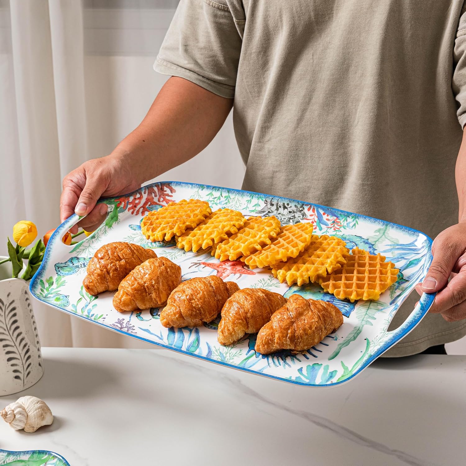 Serving Tray with Handles, Large Rectangular Melamine Serve Platter for Serve Food, Set of 2, 19 x 12 inch,Unbreakable Food Platter for Coffee Table, Ottoman Tray for Bedroom, Living Room.