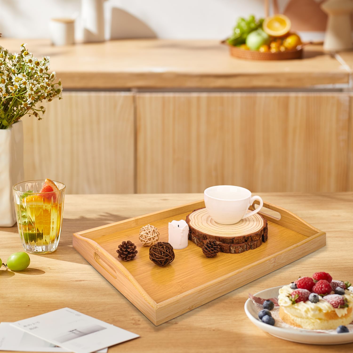 3 Pack Bamboo Serving Tray, 16x 11.6 Inch Wooden Serving Trays with Handles, Bamboo Trays for Serving Food, Perfect for Dinner, Tea, Bar, Breakfast, and Food for Parties, Bed, & Kitchen