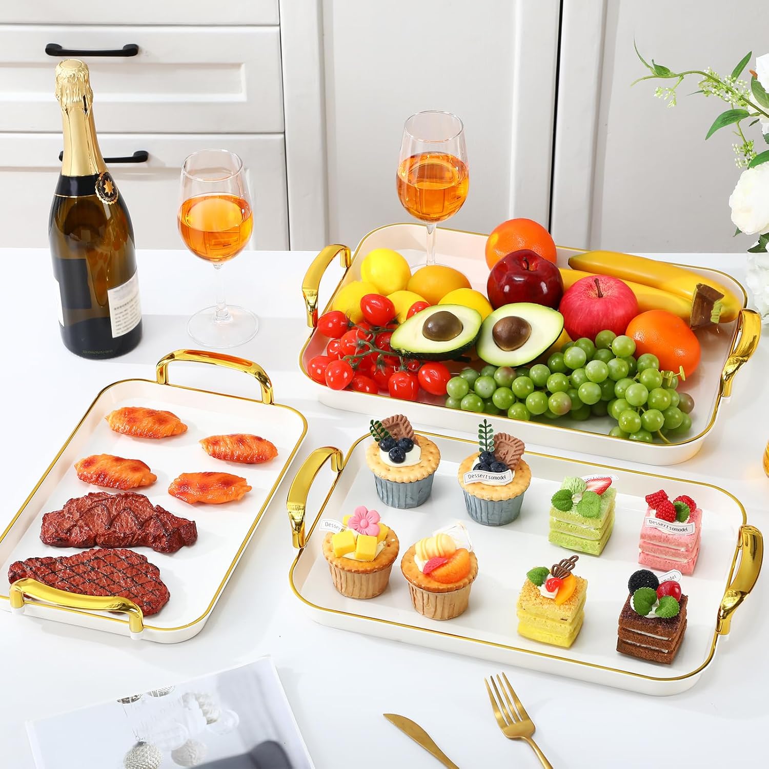Set of 6 Serving Platters with Handles 18.3/16.73/14.8 Inch Large Rectangular Serving Tray Reusable for Entertaining Dinner Party Wedding Decoration(Golden Handles,White)