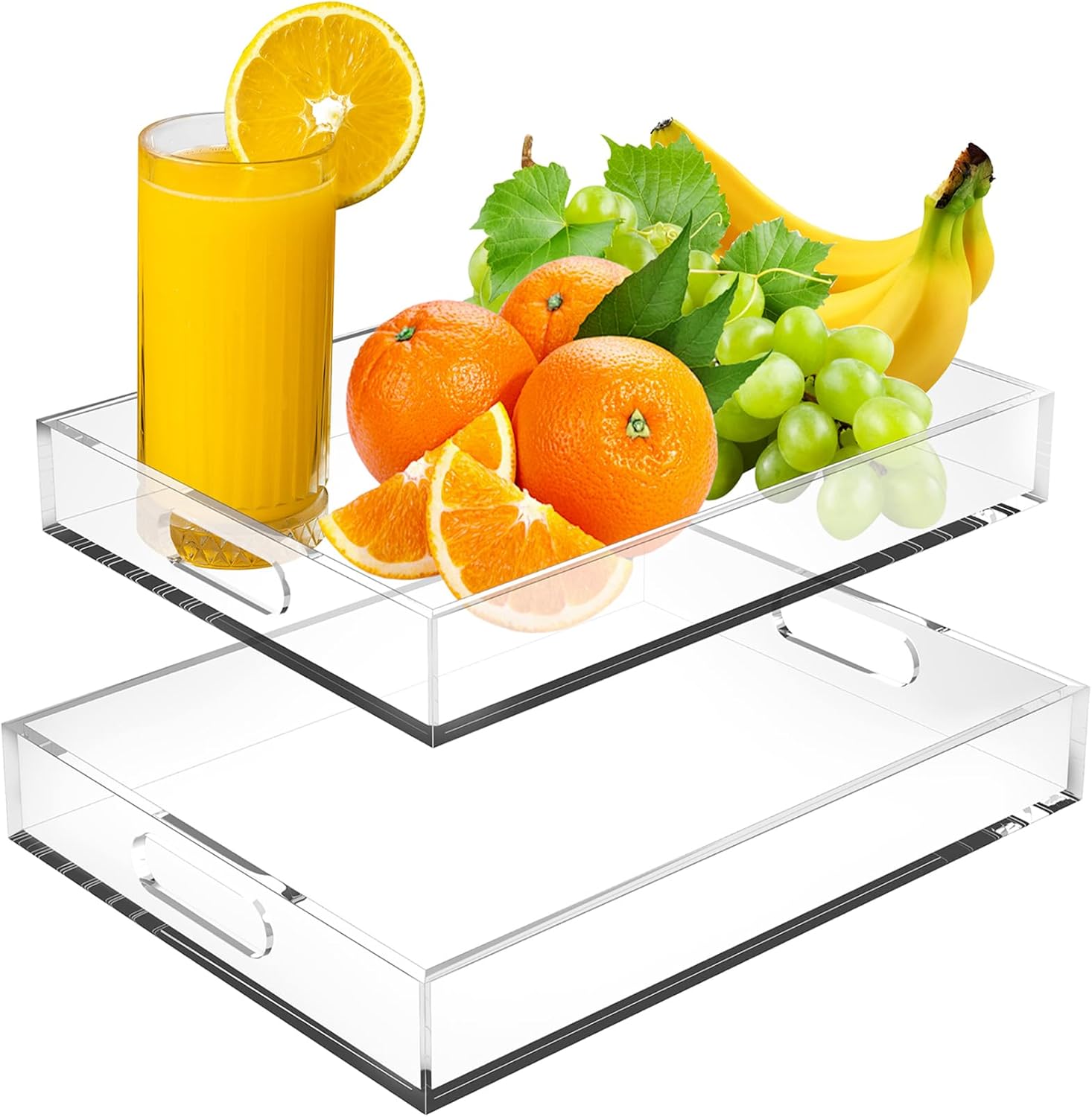 Acrylic Serving Tray Set of 2-16x12 & 16x11.4 Inch Clear Luxury Trays for Kitchen, Dining, Bathroom Organizer - Non-Slip, Scratch-Resistant, Spill-Proof Design - Ideal Gift for Housewarming, Parties