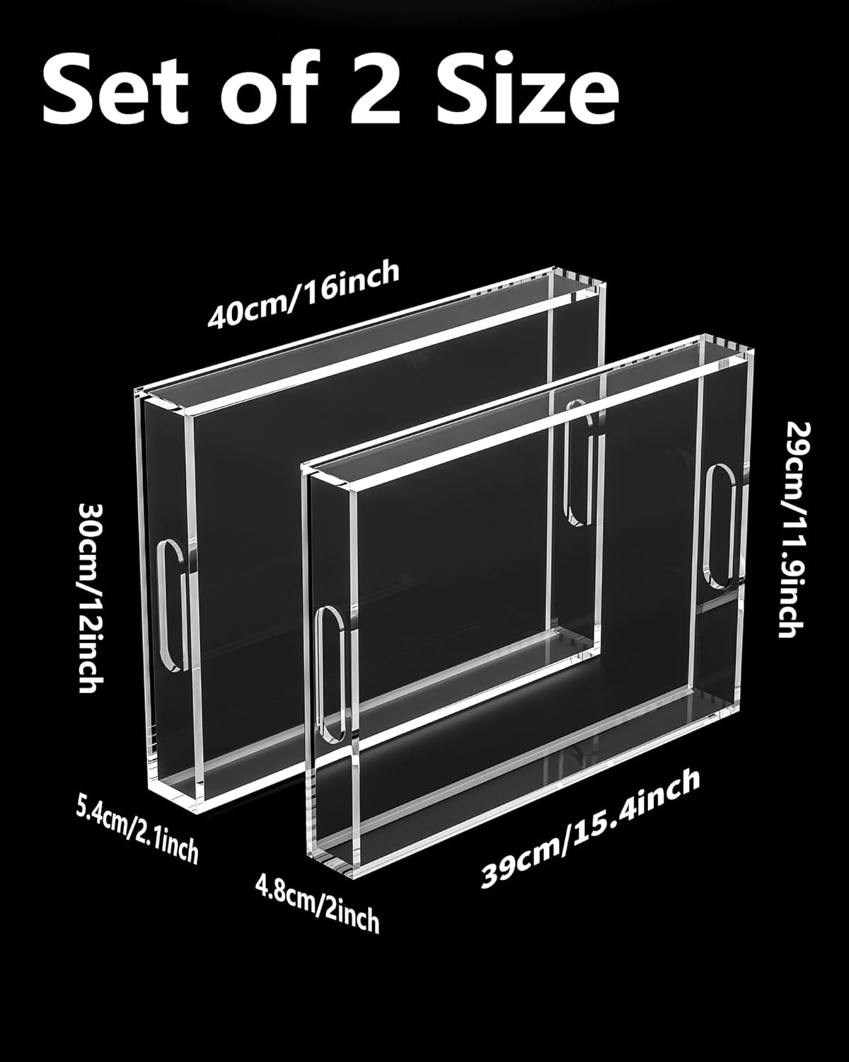 Acrylic Serving Tray Set of 2-16x12 & 16x11.4 Inch Clear Luxury Trays for Kitchen, Dining, Bathroom Organizer - Non-Slip, Scratch-Resistant, Spill-Proof Design - Ideal Gift for Housewarming, Parties