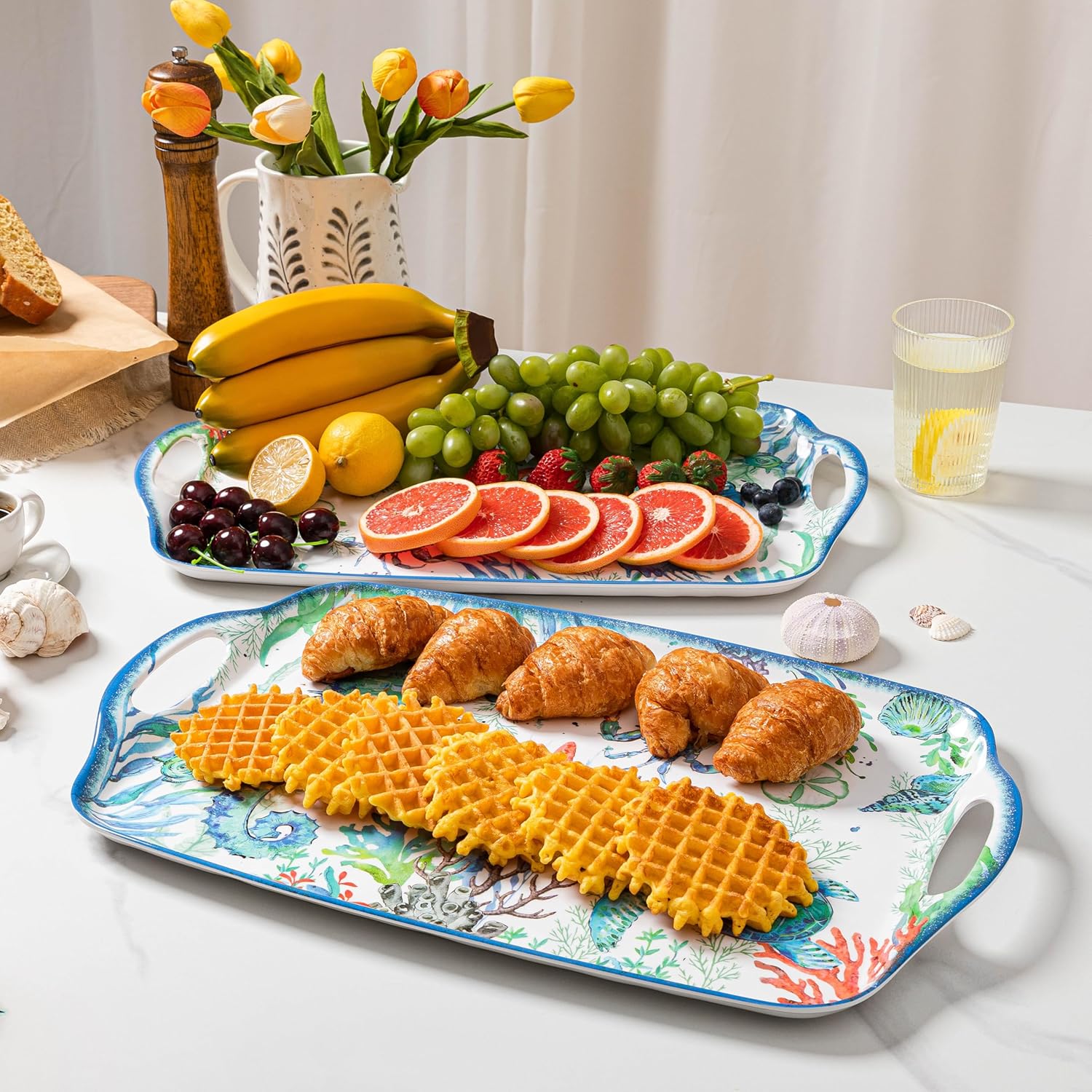 Serving Tray with Handles, Large Rectangular Melamine Serve Platter for Serve Food, Set of 2, 19 x 12 inch,Unbreakable Food Platter for Coffee Table, Ottoman Tray for Bedroom, Living Room.