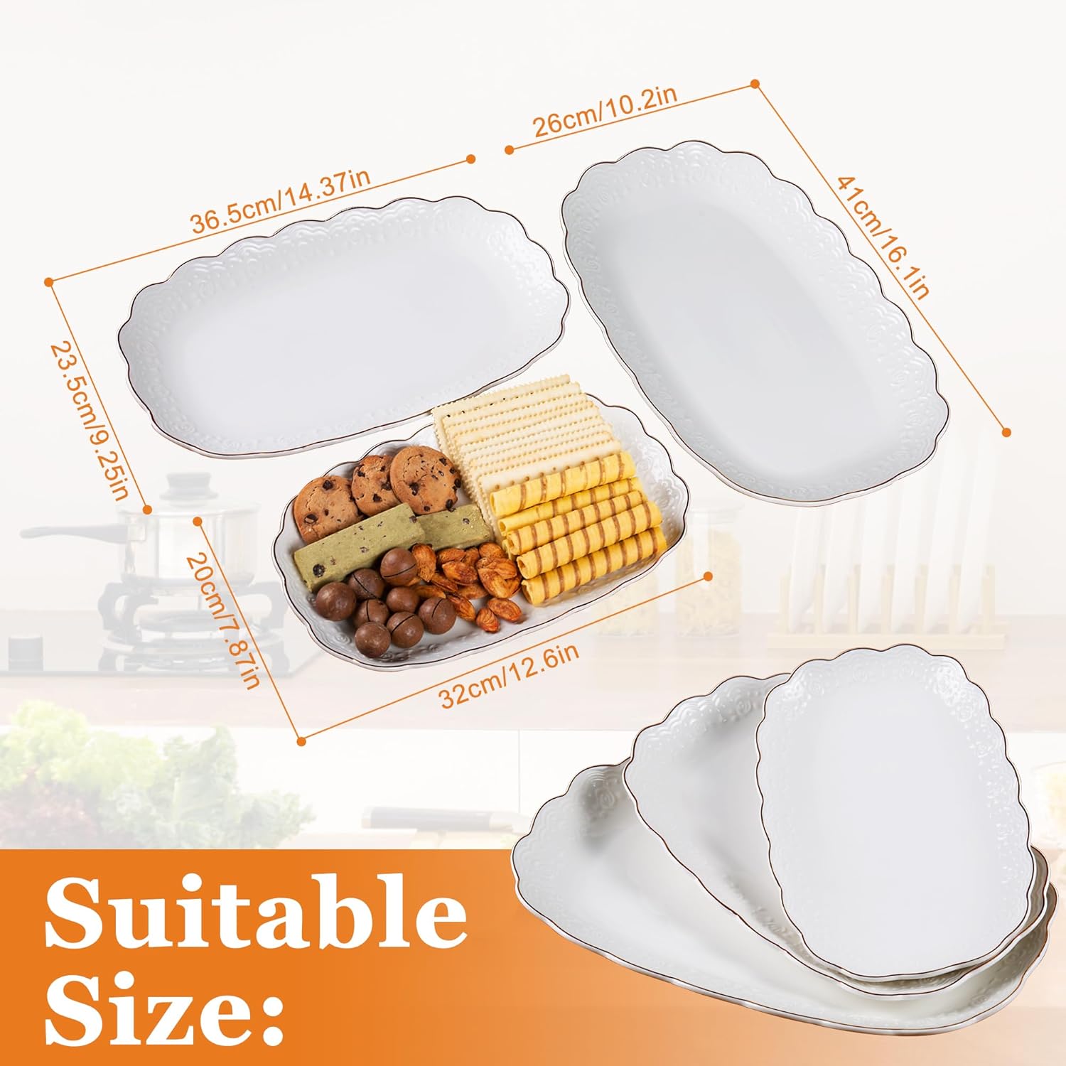 Ceramic Serving Platter Set | 16”±/14”±/12”± Oval Serving Trays for Entertaining at Parties and Weddings | Oven Safe XL Serving Trays for Tacos, Steak, and Cake