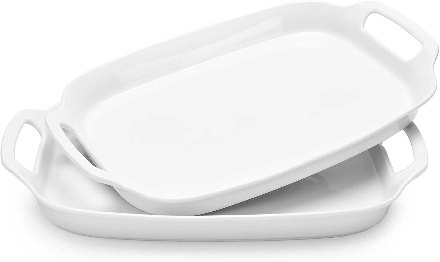 Serving Tray with Handles, 15.4" Large Platters for Wedding Decor, Porcelain Serving Dish for Entertaining, White Plates for Salad Meat Fruit Dessert, Set of 2