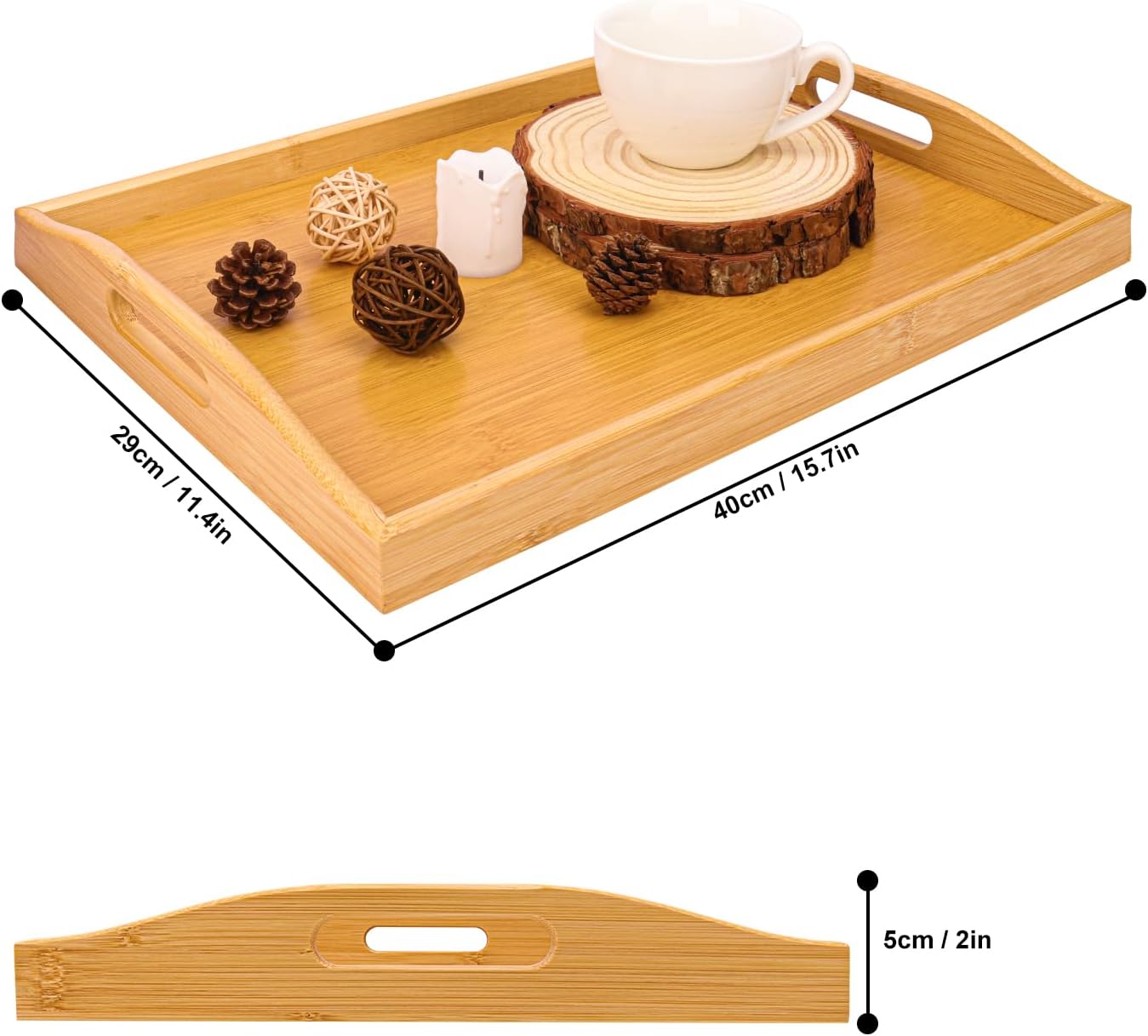 3 Pack Bamboo Serving Tray, 16x 11.6 Inch Wooden Serving Trays with Handles, Bamboo Trays for Serving Food, Perfect for Dinner, Tea, Bar, Breakfast, and Food for Parties, Bed, & Kitchen