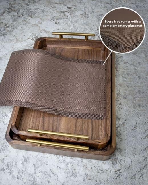 Walnut Veneer Serving Tray with Handles and Color Matching Placemat, Wooden Food Trays for Eating on The Couch, Breakfast Trays for Bed, Ottoman, Patio, Party - Medium + Large Bundle