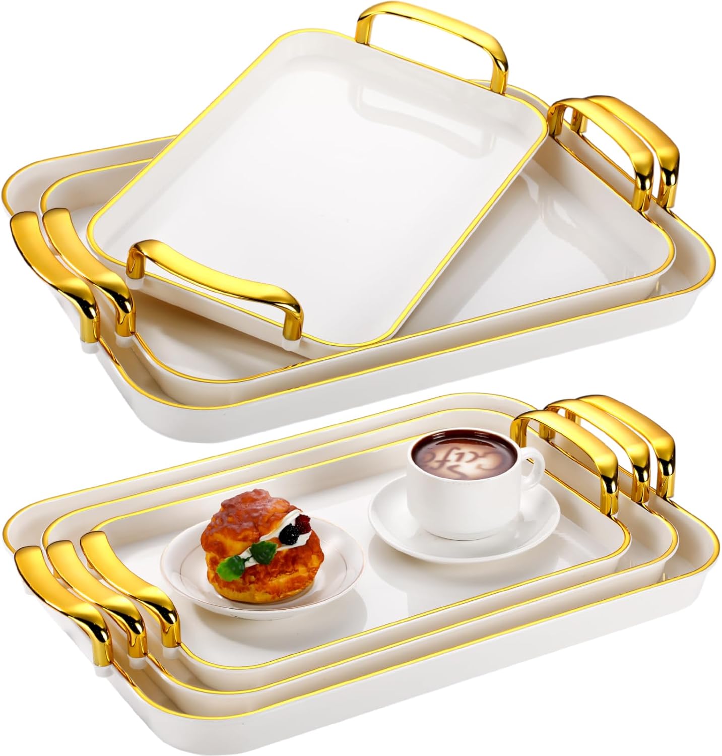 Set of 6 Serving Platters with Handles 18.3/16.73/14.8 Inch Large Rectangular Serving Tray Reusable for Entertaining Dinner Party Wedding Decoration(Golden Handles,White)