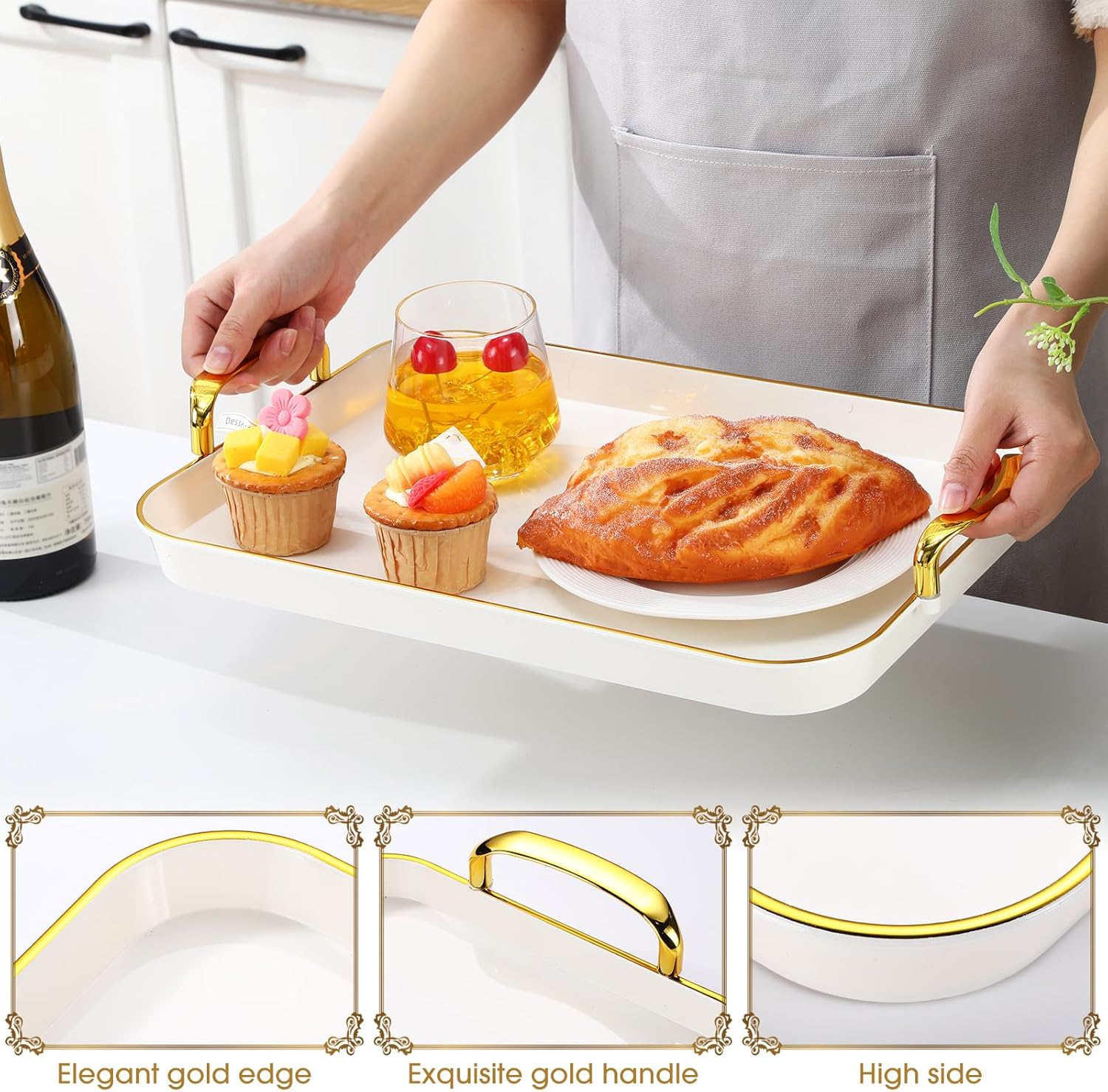 Set of 6 Serving Platters with Handles 18.3/16.73/14.8 Inch Large Rectangular Serving Tray Reusable for Entertaining Dinner Party Wedding Decoration(Golden Handles,White)