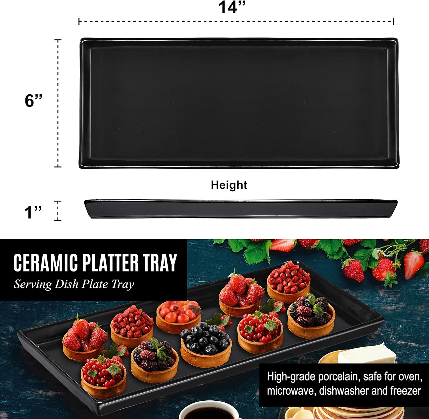 Matte Black Ceramic Appetizer Plates 14 X 6 Inch Rectangle Platters for Serving Food Party - Set of 4 Serving Platters for Charcuterie, Sushi, Dessert, and Dinner Trays