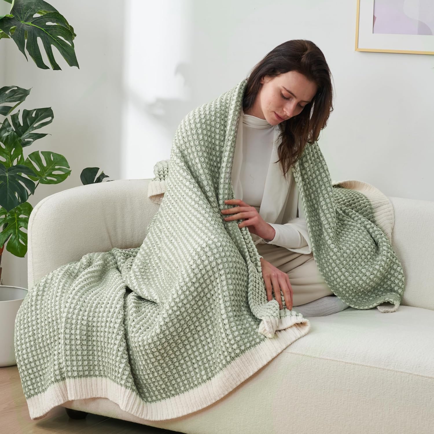 Chenille Waffle Throw Blanket for Couch, Reversible Pineapple Stitch Knit Soft Cozy Knit Blanket Lightweight Warm Decorative Throw for Sofa, Bed, Living Room, 60 * 80", Sage Green&Ivory
