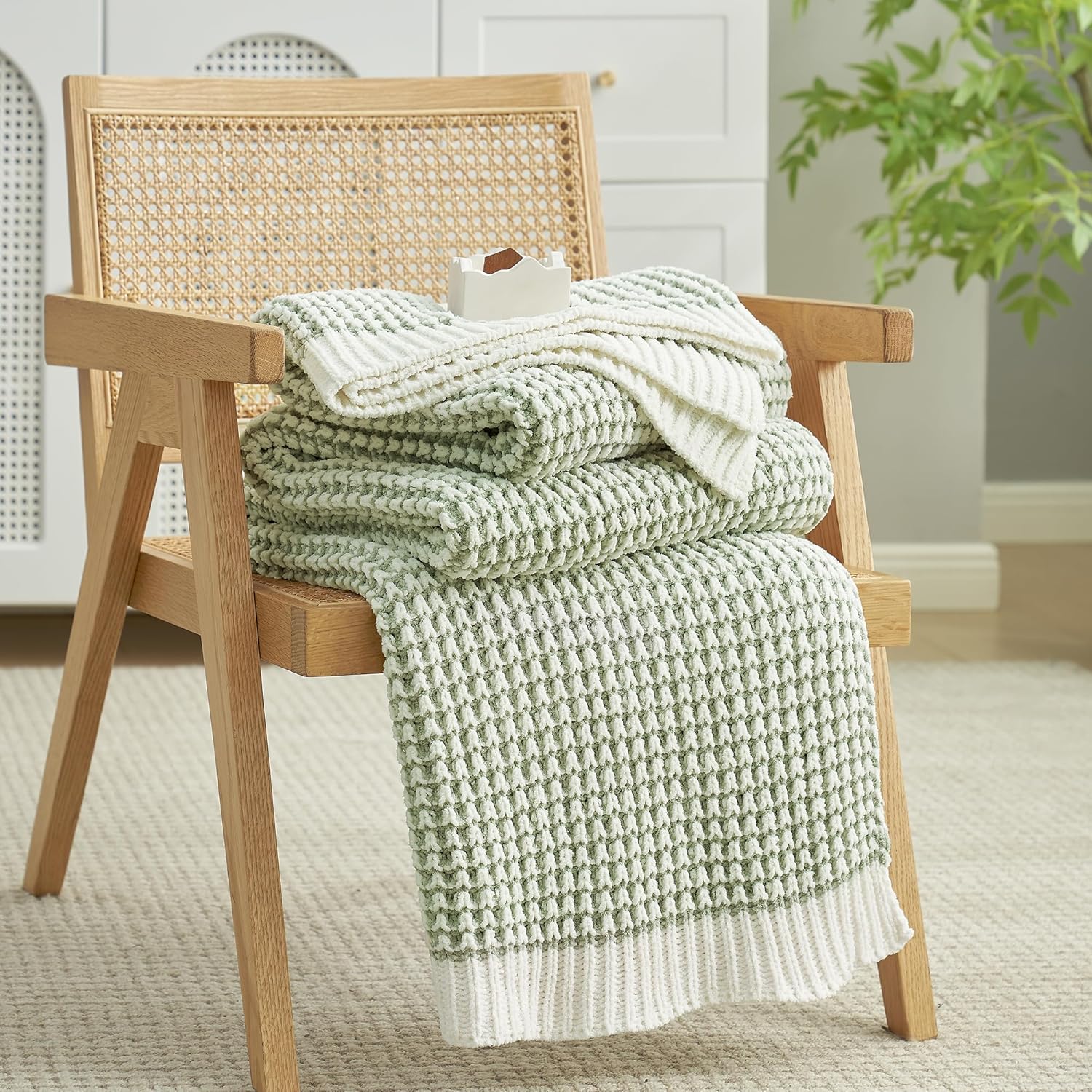Chenille Waffle Throw Blanket for Couch, Reversible Pineapple Stitch Knit Soft Cozy Knit Blanket Lightweight Warm Decorative Throw for Sofa, Bed, Living Room, 60 * 80", Sage Green&Ivory