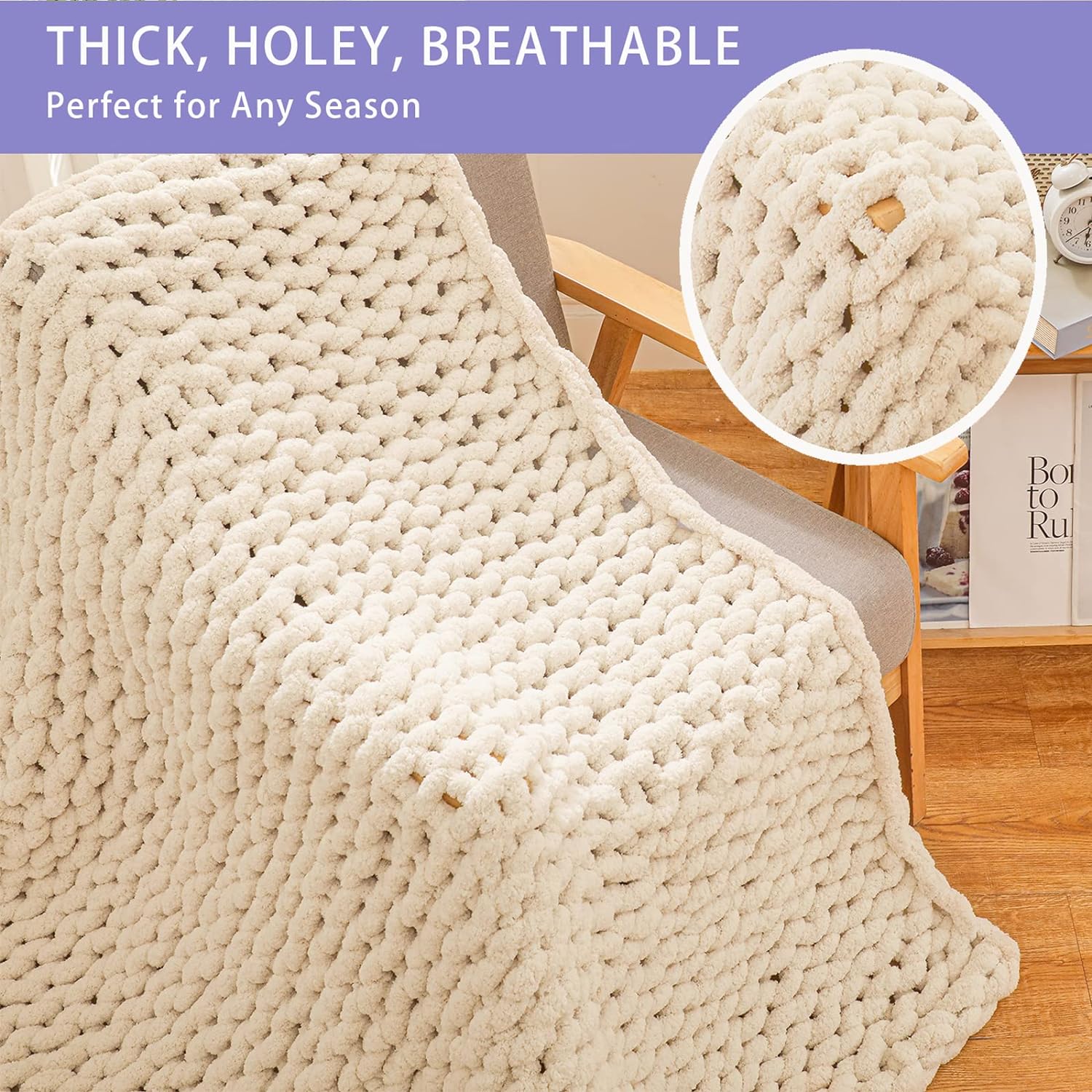 Chunky Knit Throw Blanket for Couch, 40x60 inches, 100% Hand Knitted with Thick Jumbo Chenille Yarn, Cozy Soft Large Rope Knot Cable Crochet Blankets for Sofa Bed Living Room, Beige