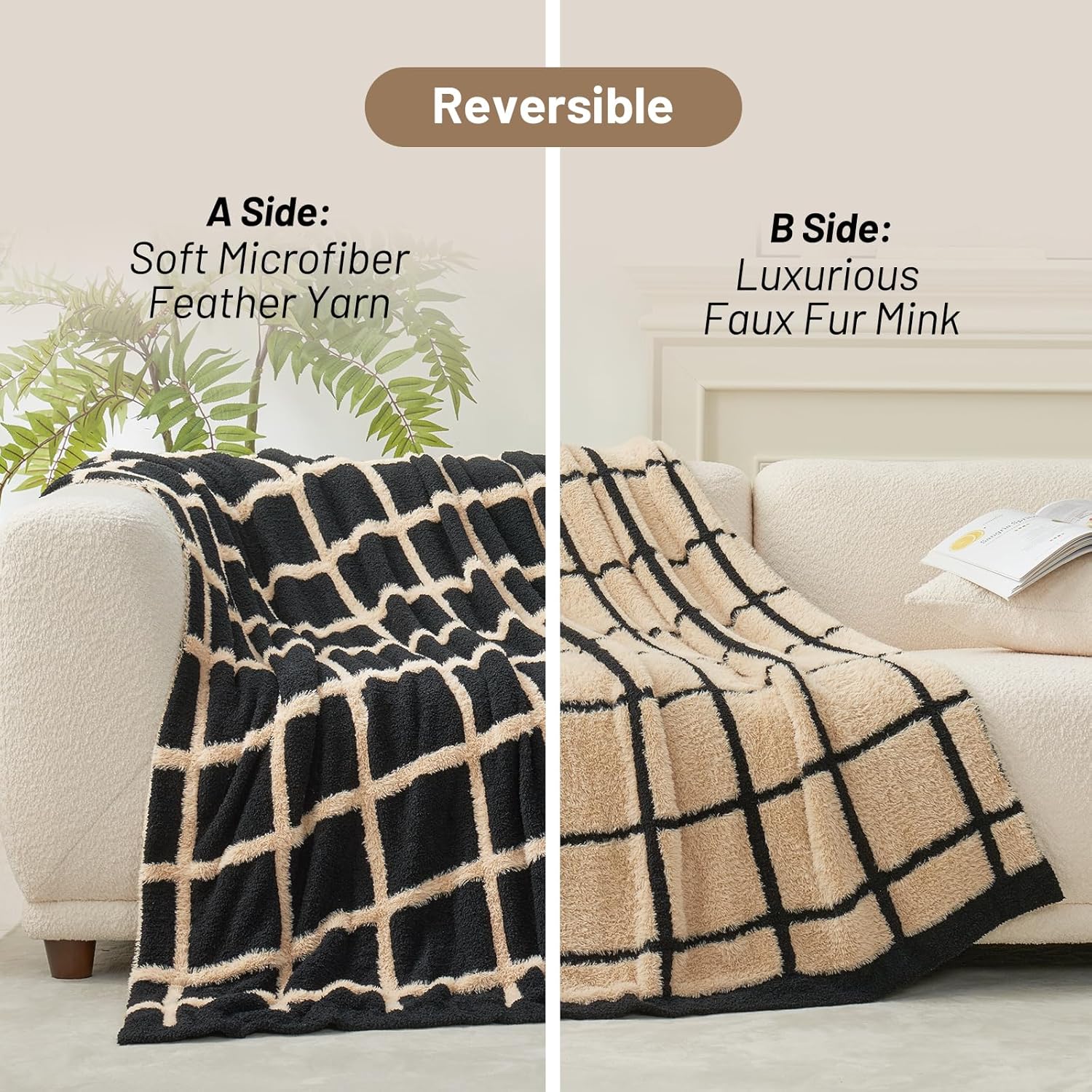 Checkered Throw Blanket for Couch, Reversible Super Soft Warm Blankets Cozy Black Throw Blanket Fuzzy Plush Throws for Sofa Bed Living Room, 50" x 60", Plaid Black