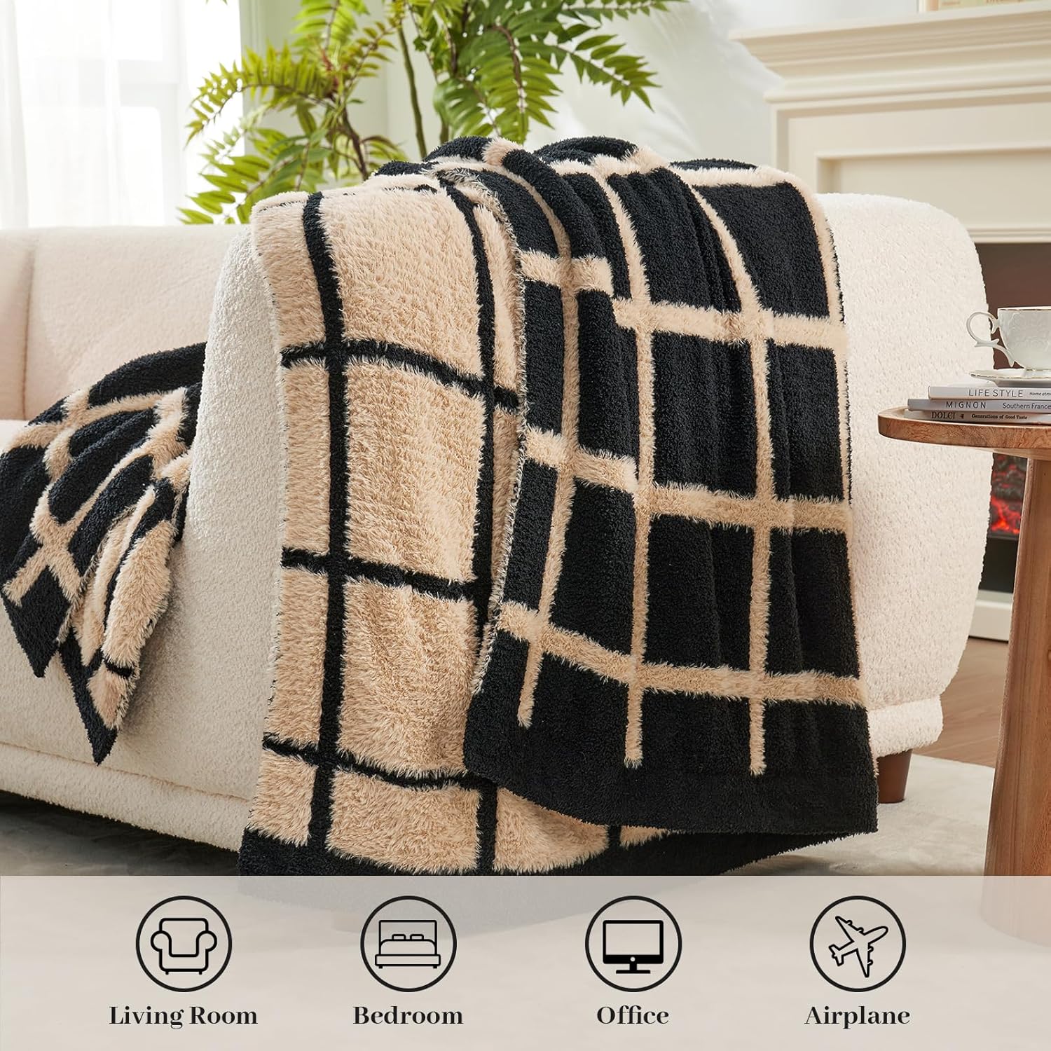 Checkered Throw Blanket for Couch, Reversible Super Soft Warm Blankets Cozy Black Throw Blanket Fuzzy Plush Throws for Sofa Bed Living Room, 50" x 60", Plaid Black