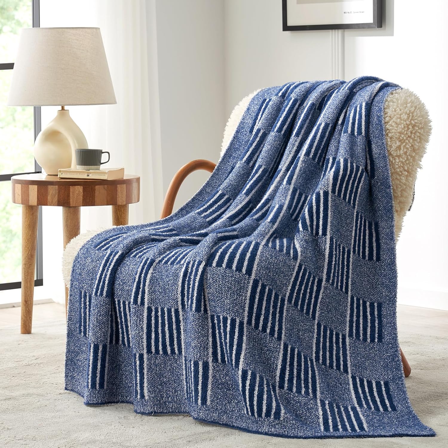Navy Checkered Faux Fur Throw Blanket for Couch, Reversible Soft Cozy Blankets for Sofa Bedroom,Cute Lightweight Striped Throws for Women,Heather Navy,50x60 inches