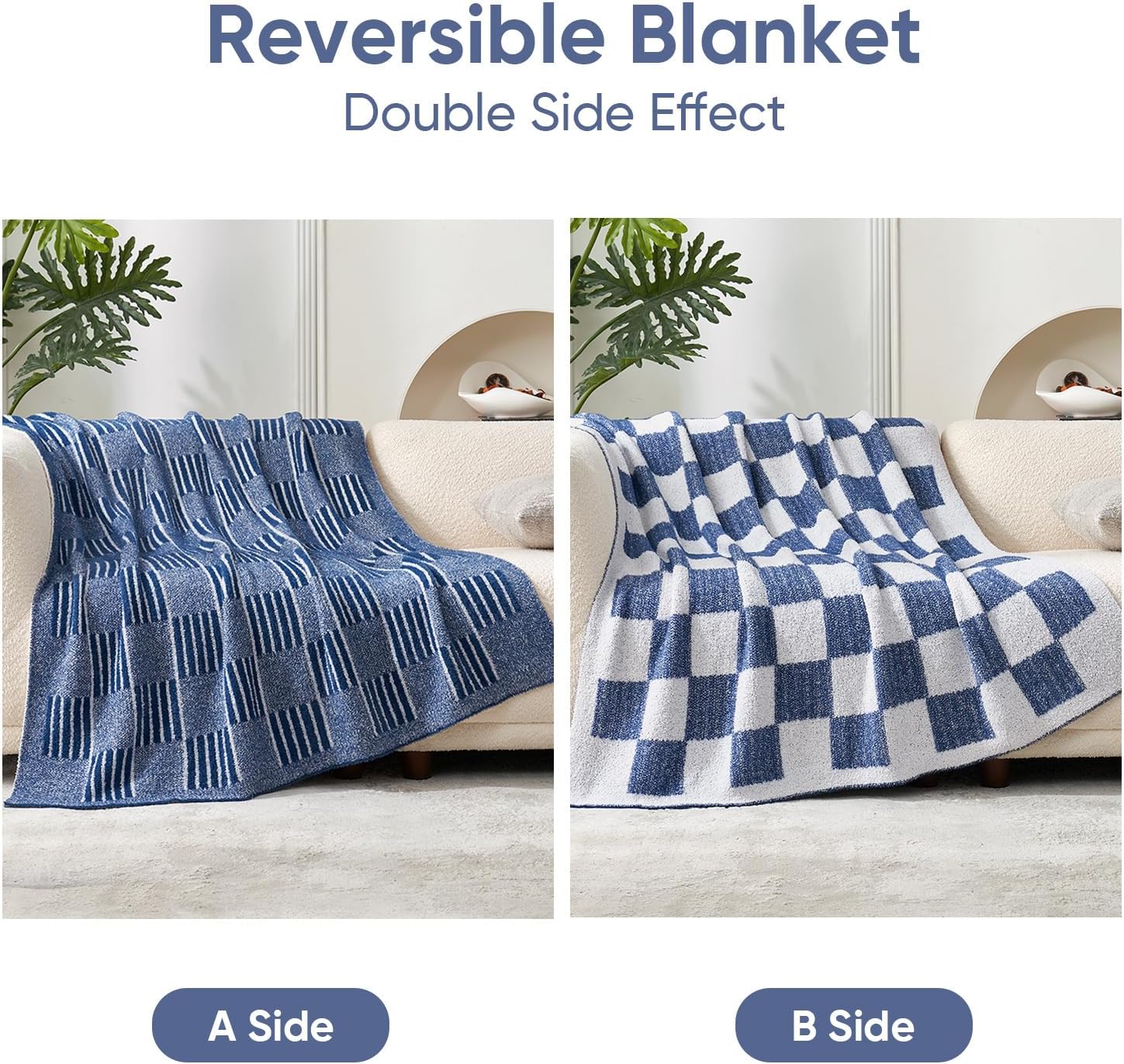 Navy Checkered Faux Fur Throw Blanket for Couch, Reversible Soft Cozy Blankets for Sofa Bedroom,Cute Lightweight Striped Throws for Women,Heather Navy,50x60 inches