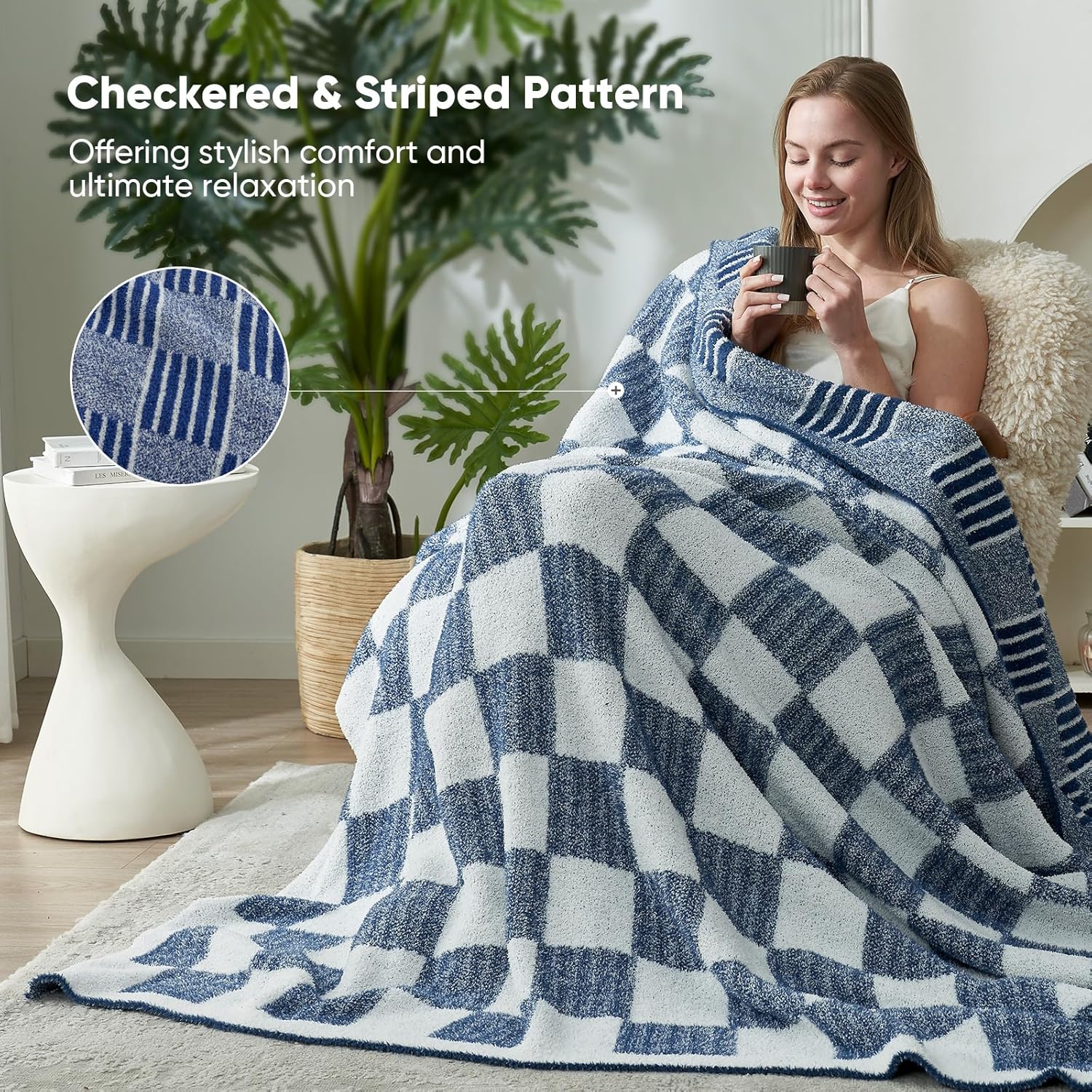 Navy Checkered Faux Fur Throw Blanket for Couch, Reversible Soft Cozy Blankets for Sofa Bedroom,Cute Lightweight Striped Throws for Women,Heather Navy,50x60 inches