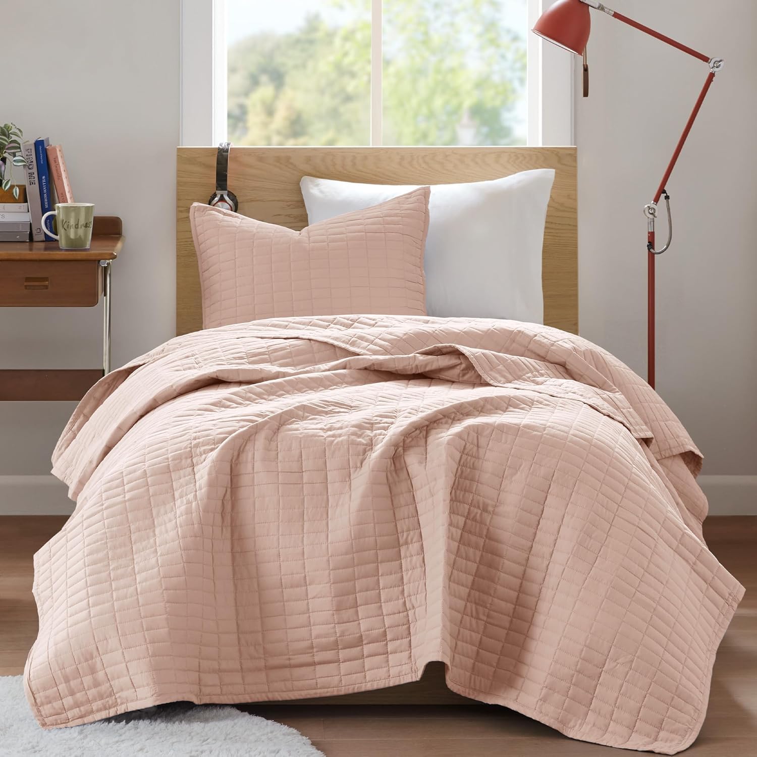 Kienna Quilt Set-Luxury Double Sided Stitching Design Summer Blanket, Lightweight, Soft, All Season Bedding Layer, Matching Sham, Blush, Coverlet Twin/Twin XL(66"x90") 2 Piece
