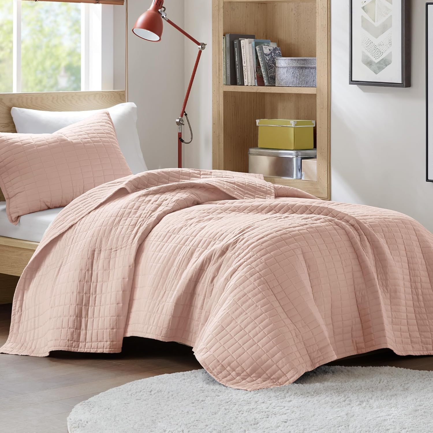 Kienna Quilt Set-Luxury Double Sided Stitching Design Summer Blanket, Lightweight, Soft, All Season Bedding Layer, Matching Sham, Blush, Coverlet Twin/Twin XL(66"x90") 2 Piece