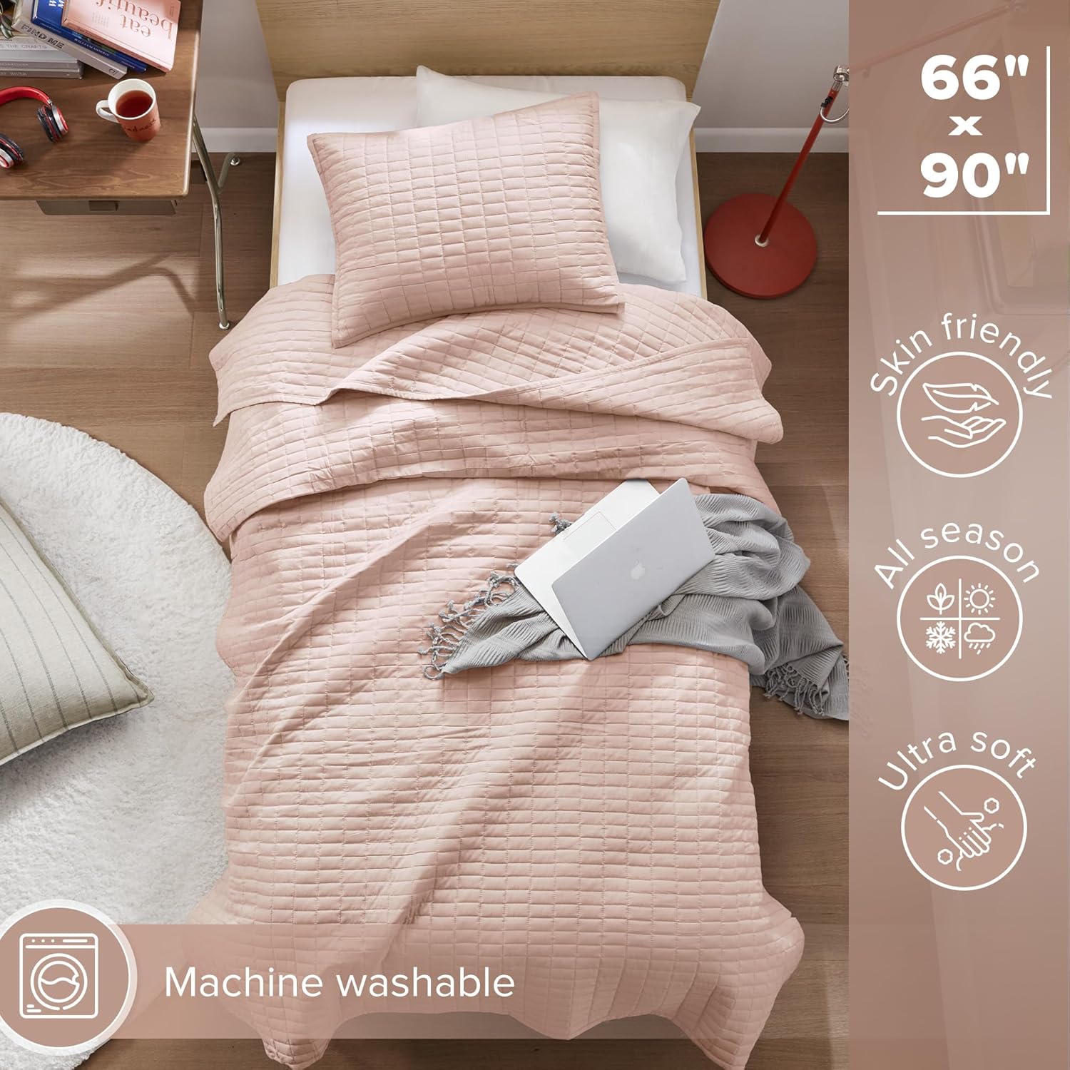 Kienna Quilt Set-Luxury Double Sided Stitching Design Summer Blanket, Lightweight, Soft, All Season Bedding Layer, Matching Sham, Blush, Coverlet Twin/Twin XL(66"x90") 2 Piece