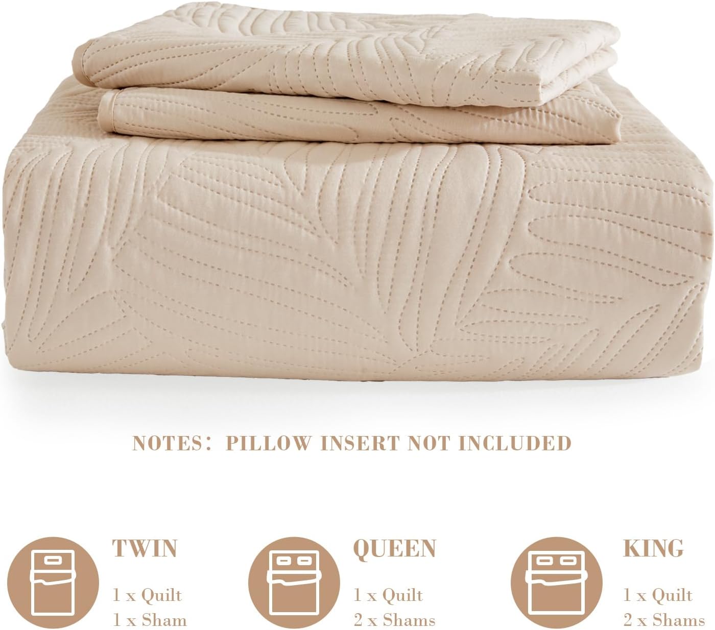 Queen Quilt Bedding Set, Lightweight Brich Beige Quilts Queen Full Size for All Seasons, Soft Microfiber Bedspreads Coverlets Bed Cover with Leaf Pattern, 3 Piece
