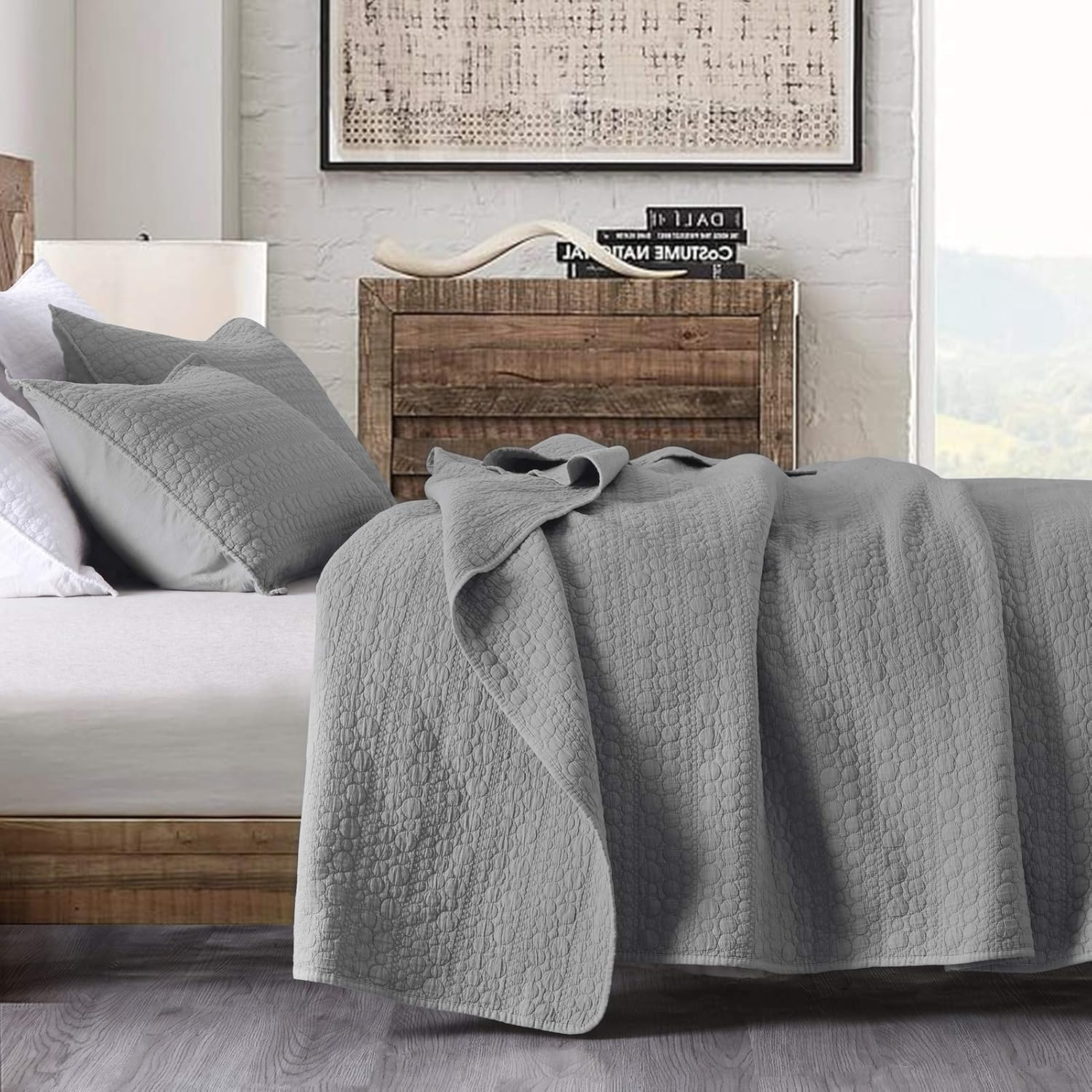 Quilt Set Queen Size Grey, Classic Geometric Spots Stitched Pattern, Stone-Washed Microfiber Chic Rustic Look, Ultra Soft Lightweight Quilted Bedspread for All Season, 3 Pieces