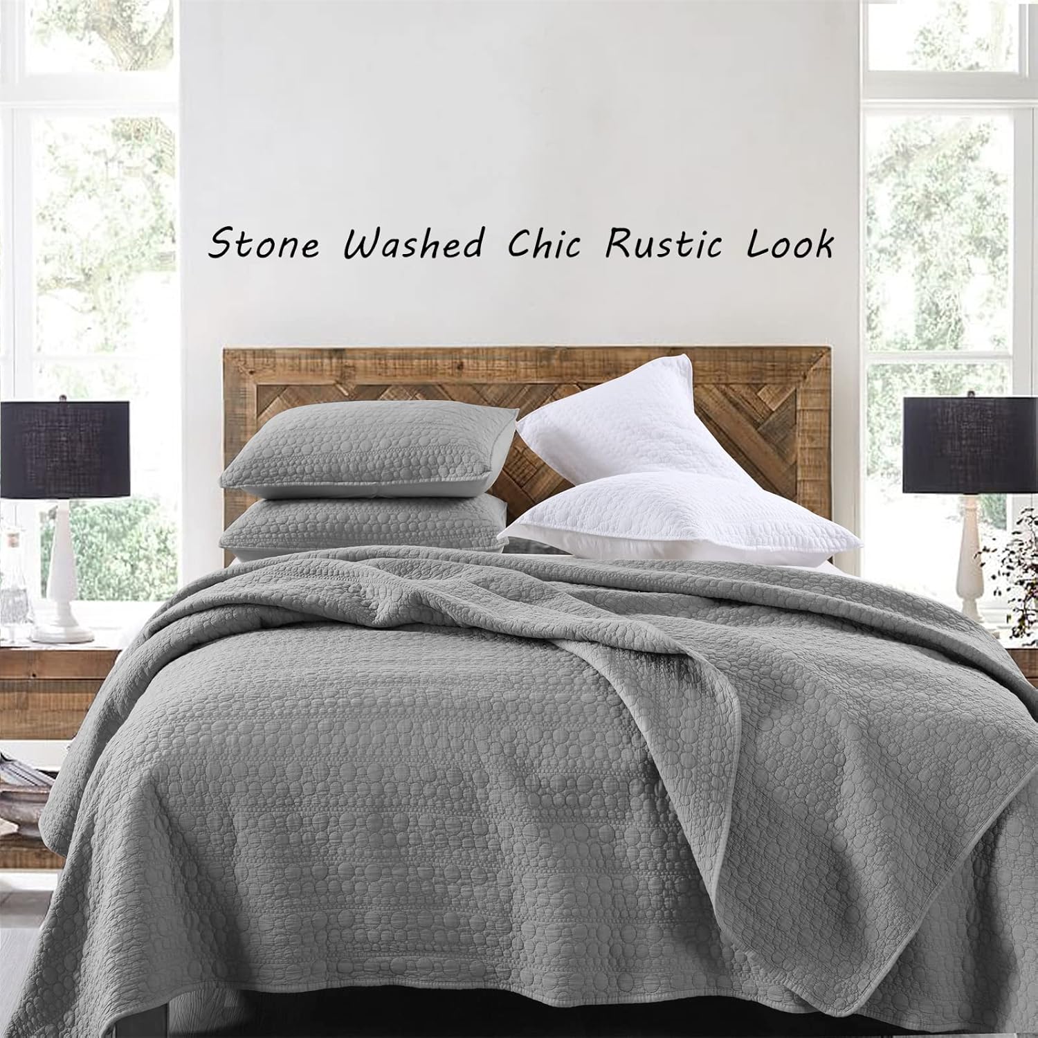  Quilt Set Queen Size Grey, Classic Geometric Spots Stitched Pattern, Stone-Washed Microfiber Chic Rustic Look, Ultra Soft Lightweight Quilted Bedspread for All Season, 3 Pieces
