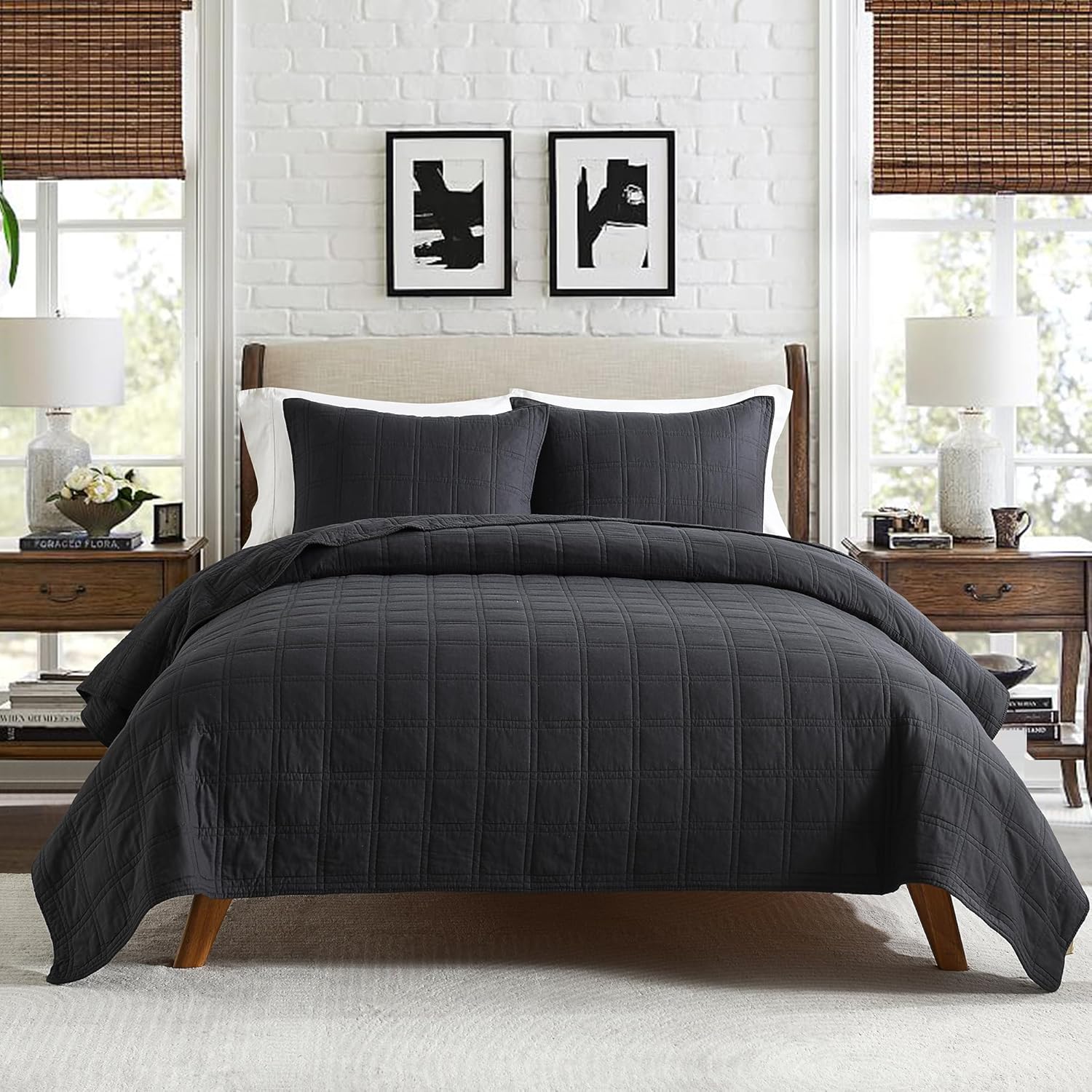 100% Cotton Quilt Set Queen Size, Charcoal Pre-Washed Bedspreads Coverlet Set in Geometric Pattern, Cozy Lightweight Stitching Decorative Bedding Cover with 2 Shams for All Season