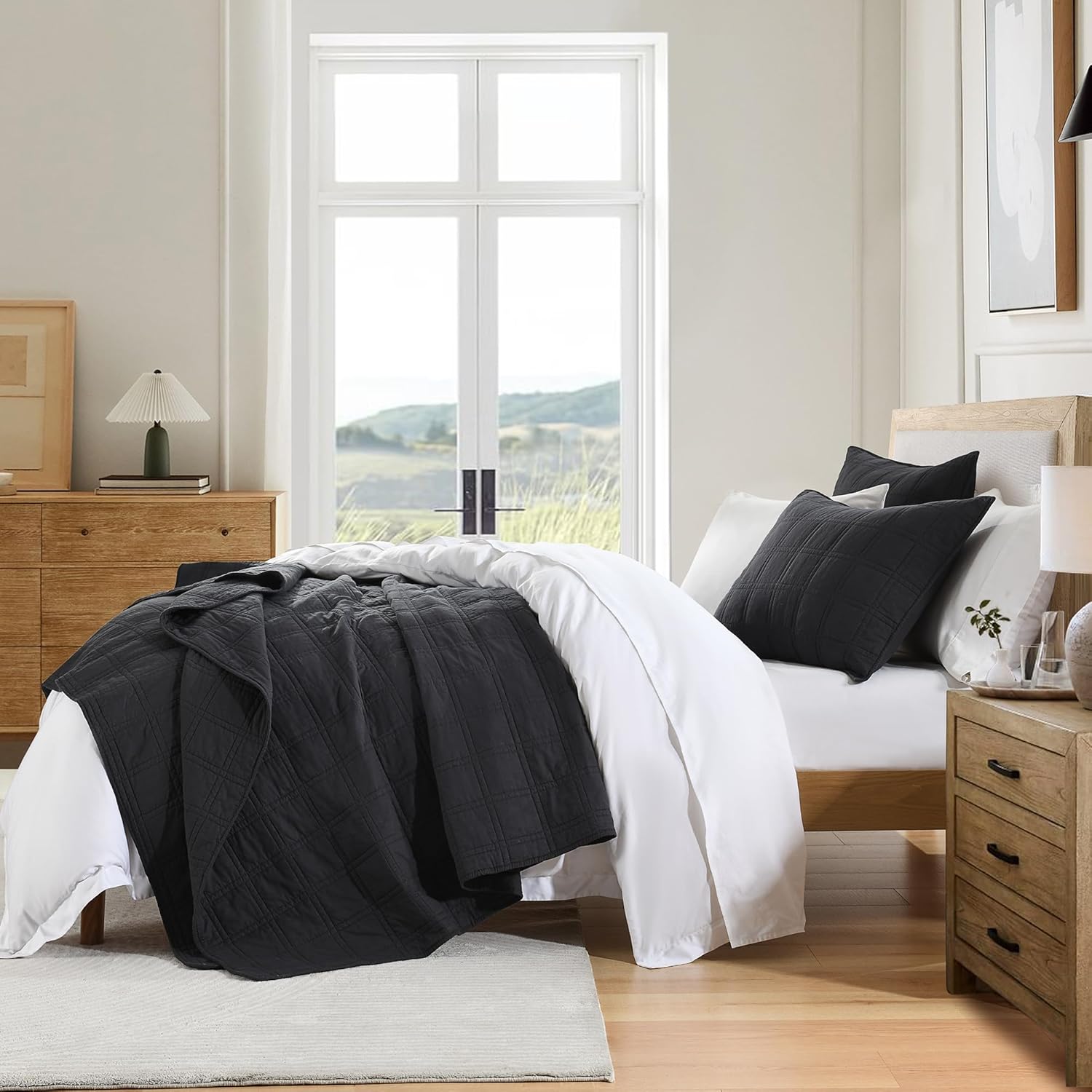 100% Cotton Quilt Set Queen Size, Charcoal Pre-Washed Bedspreads Coverlet Set in Geometric Pattern, Cozy Lightweight Stitching Decorative Bedding Cover with 2 Shams for All Season