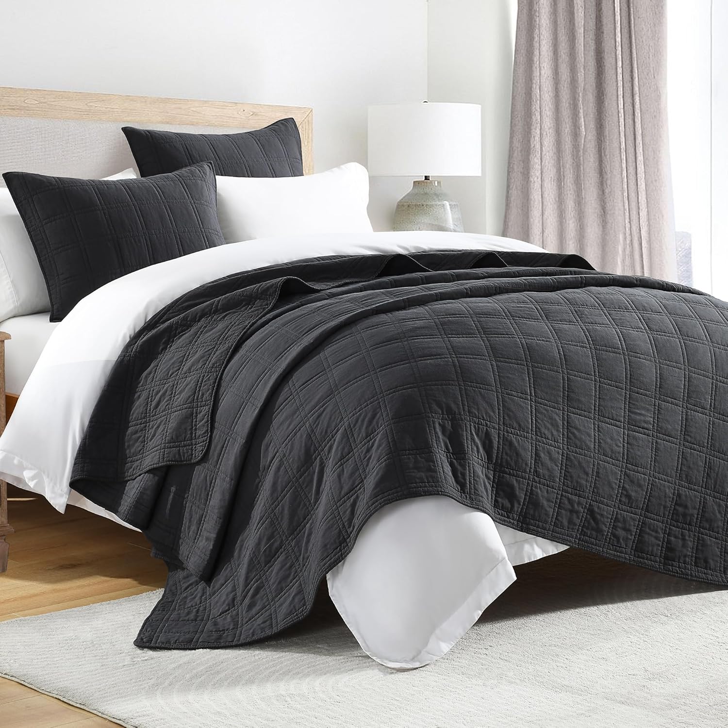 100% Cotton Quilt Set Queen Size, Charcoal Pre-Washed Bedspreads Coverlet Set in Geometric Pattern, Cozy Lightweight Stitching Decorative Bedding Cover with 2 Shams for All Season