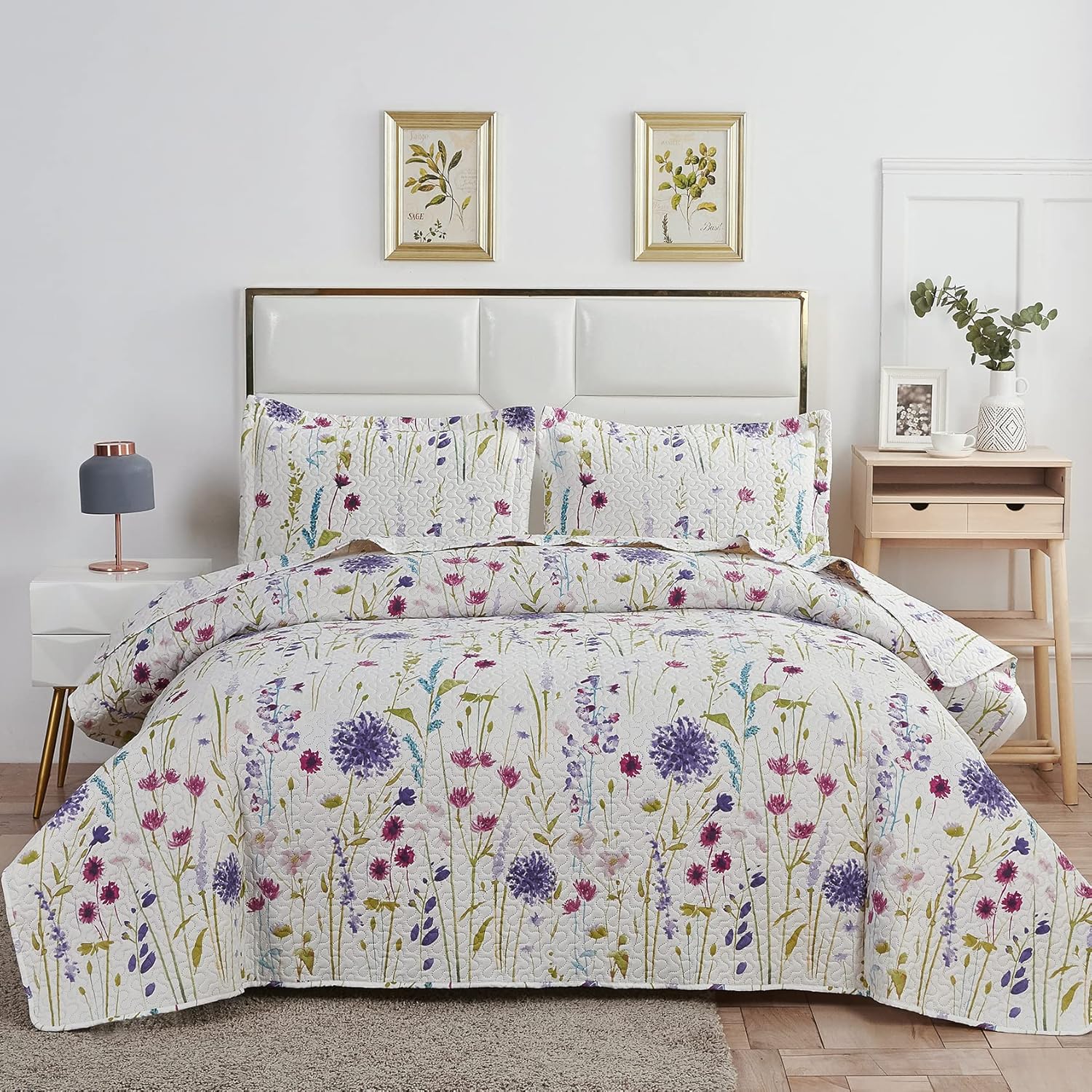 Purple Blue Green Floral Quilts Dandelion Bedspread King Size Lightweight Summer Flower Bedding Garden Botanical Coverlet Soft Rustic Blanket Cabin Home Decor