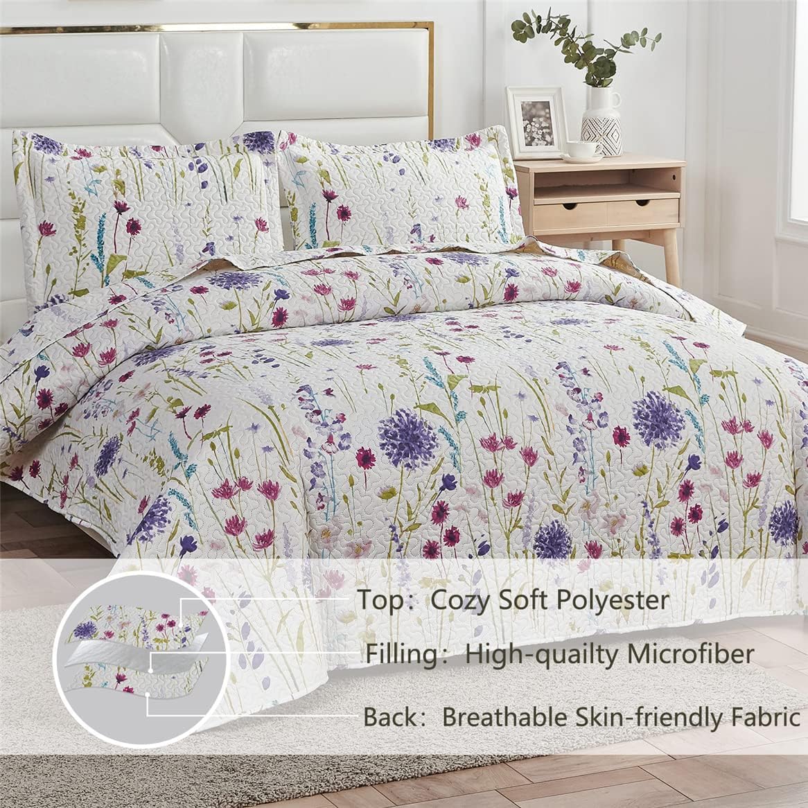 Purple Blue Green Floral Quilts Dandelion Bedspread King Size Lightweight Summer Flower Bedding Garden Botanical Coverlet Soft Rustic Blanket Cabin Home Decor