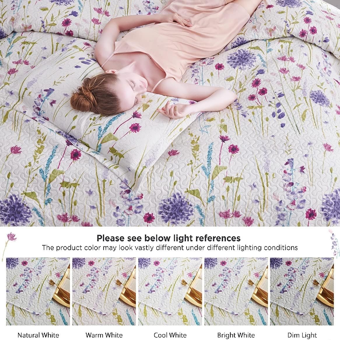 Purple Blue Green Floral Quilts Dandelion Bedspread King Size Lightweight Summer Flower Bedding Garden Botanical Coverlet Soft Rustic Blanket Cabin Home Decor