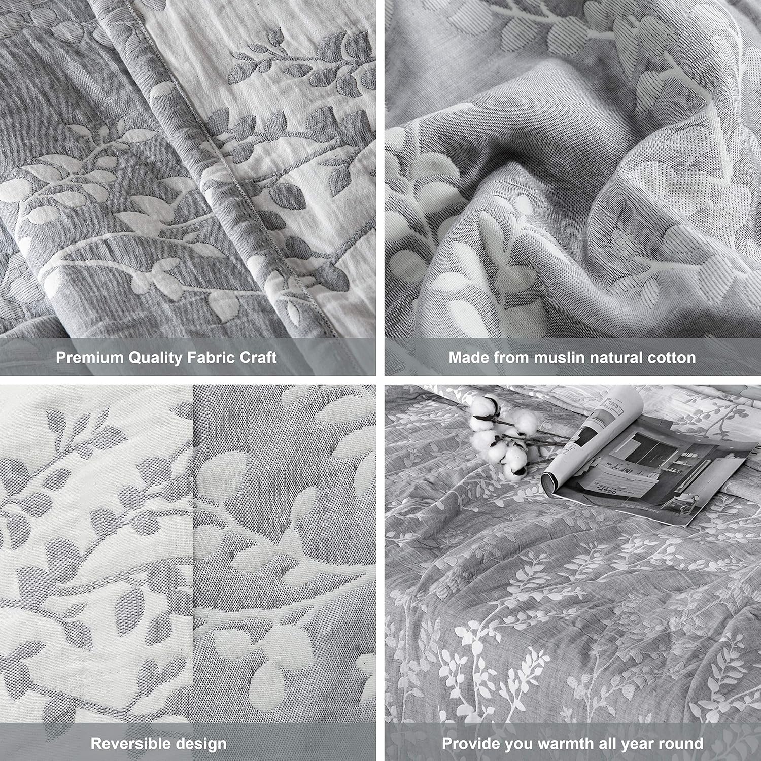 3 Layers Cotton Muslin 88x92 Queen Bed Blanket, Super Soft Breathable Thermal Yarn Dyed Quilt for Adults, Perfect Lightweight Blanket for Couch Sofa Bed All Seasons, Grey Tree