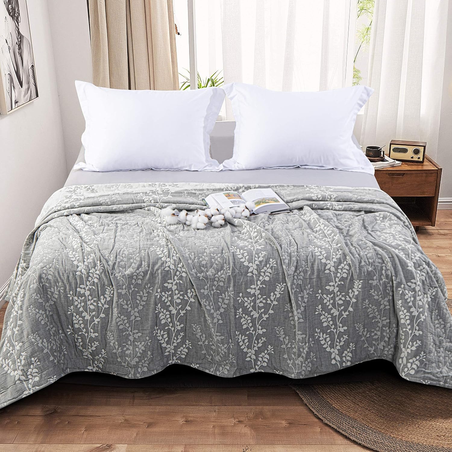 3 Layers Cotton Muslin 88x92 Queen Bed Blanket, Super Soft Breathable Thermal Yarn Dyed Quilt for Adults, Perfect Lightweight Blanket for Couch Sofa Bed All Seasons, Grey Tree
