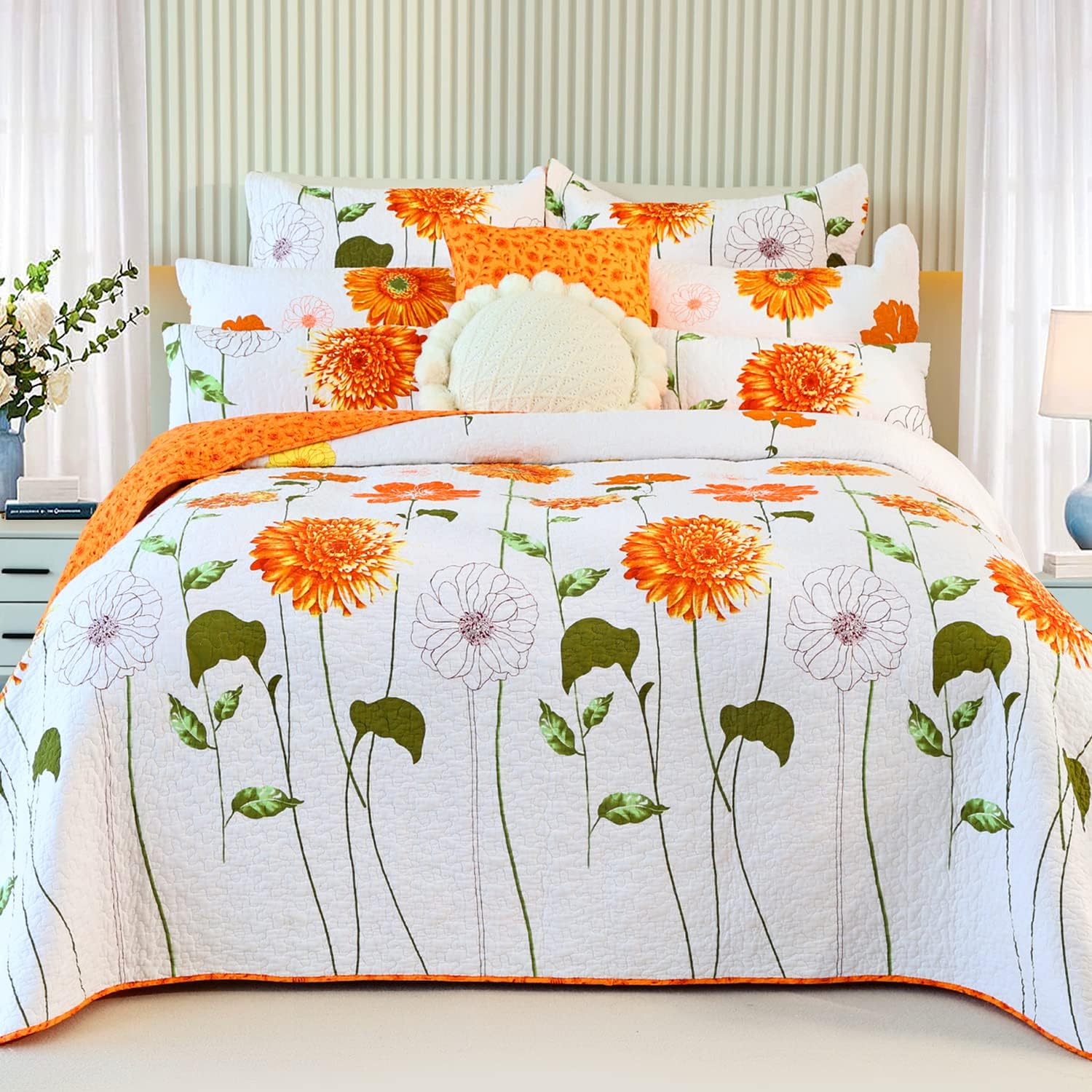100% Cotton Quilt Queen Size Orange Sunflower Bedding Set Floral Lightweight Quilt Reversible Coverlet Bedspread with 2 Pillow Shams All Seasons 3 Pieces (92"x96")