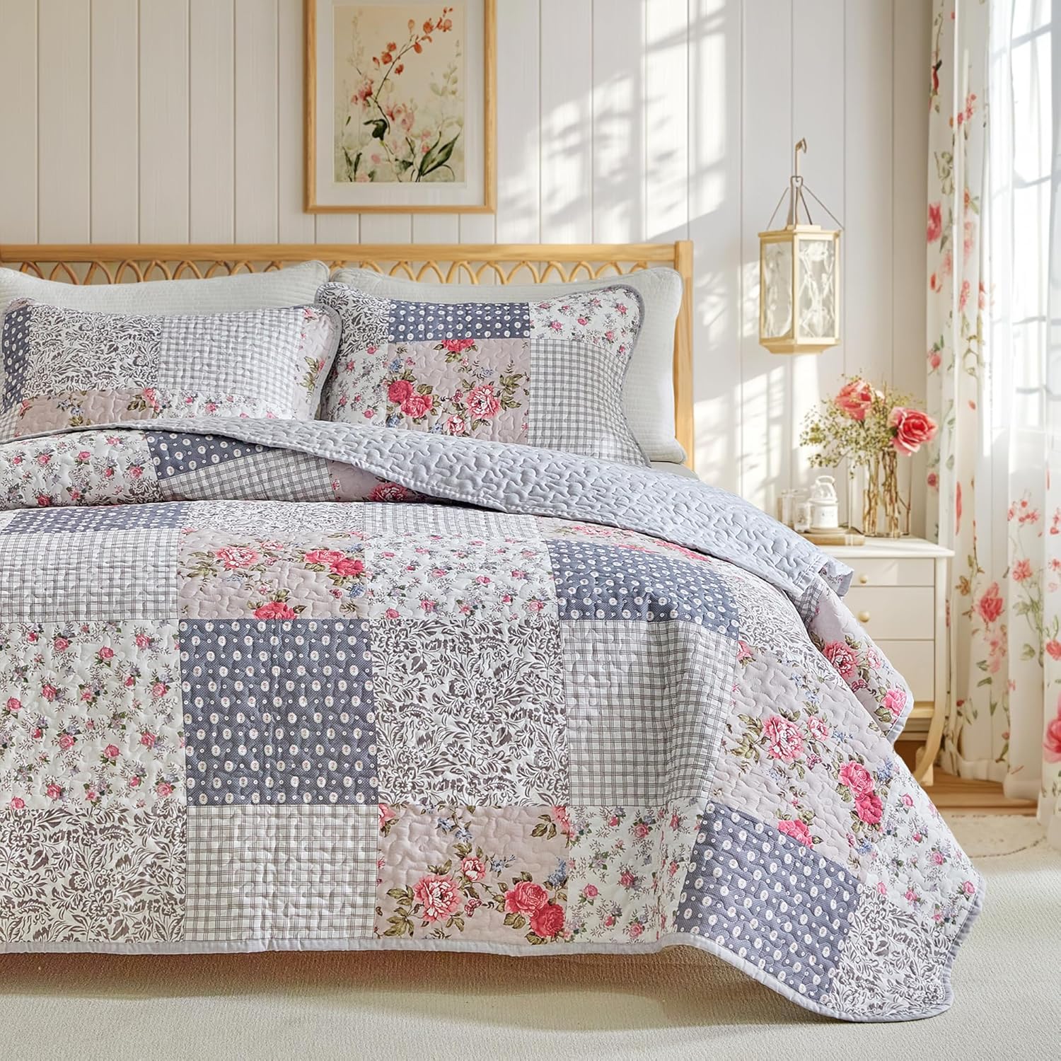 Floral Cotton Quilt Set, Neutral Flowers Grid Patchwork Design, 2 Pieces Twin Size Quilt Bedding Set, Farmhouse Countryside Bedspread Bed Cover for All Season- 68x88 inches