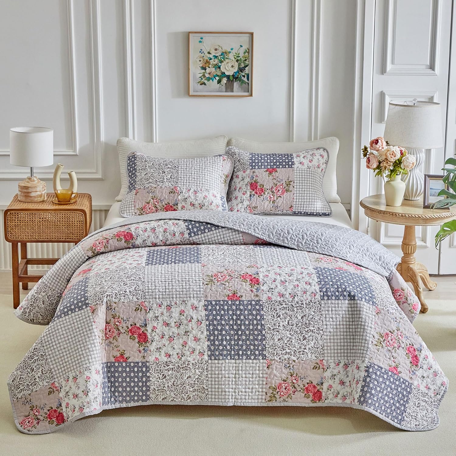 Floral Cotton Quilt Set, Neutral Flowers Grid Patchwork Design, 2 Pieces Twin Size Quilt Bedding Set, Farmhouse Countryside Bedspread Bed Cover for All Season- 68x88 inches