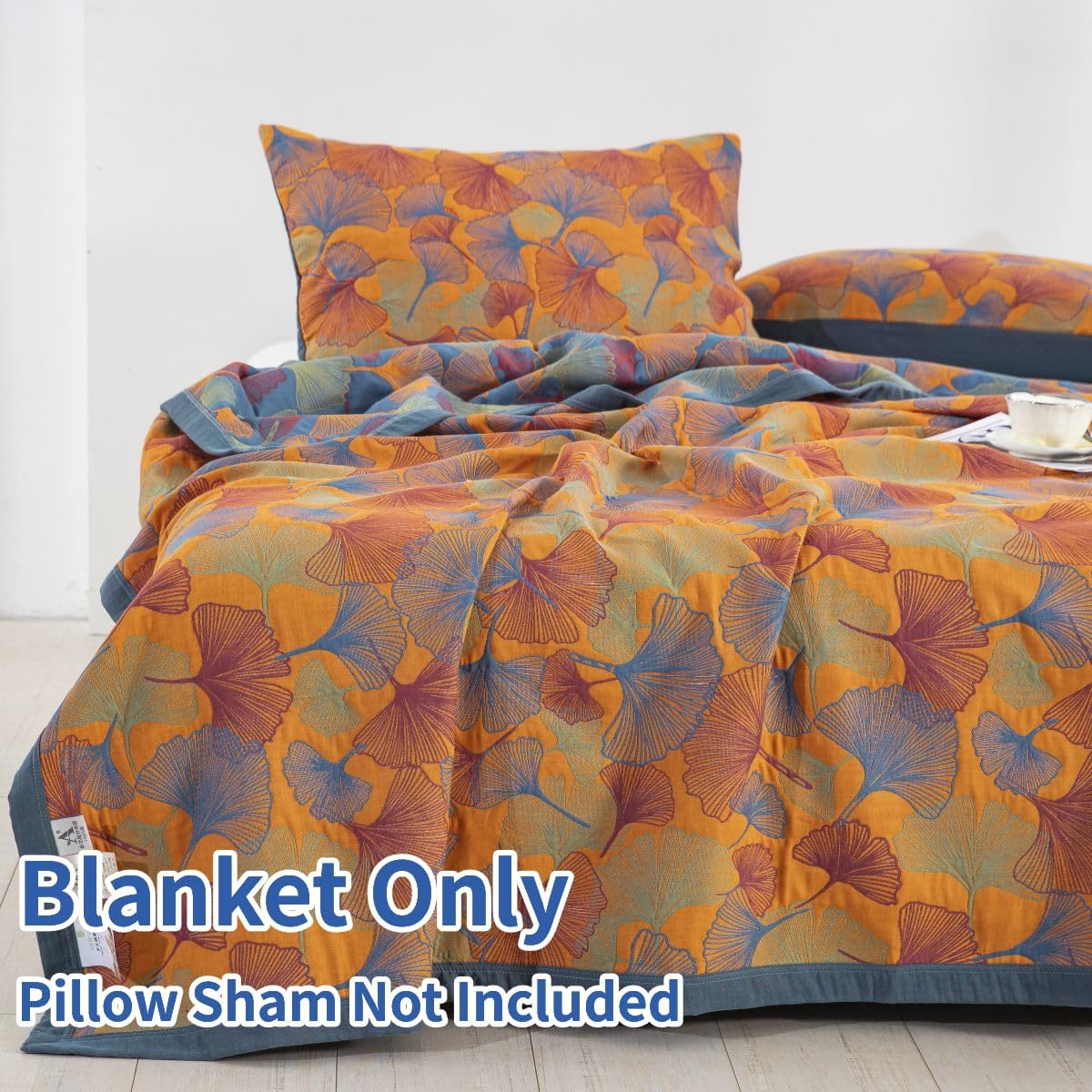 100% Cotton Muslin Blanket Jacquard Orange Floral Ginkgo Leaves Quilt, Soft Bed Cover 3 Layers Lightweight Breathable Gauzy Reversible Bedspread Coverlet Full/Queen(78"x94"), No Pillow Sham