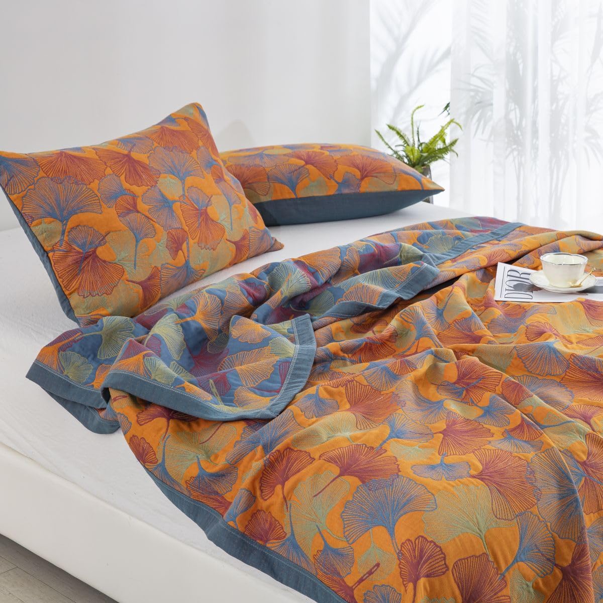 100% Cotton Muslin Blanket Jacquard Orange Floral Ginkgo Leaves Quilt, Soft Bed Cover 3 Layers Lightweight Breathable Gauzy Reversible Bedspread Coverlet Full/Queen(78"x94"), No Pillow Sham