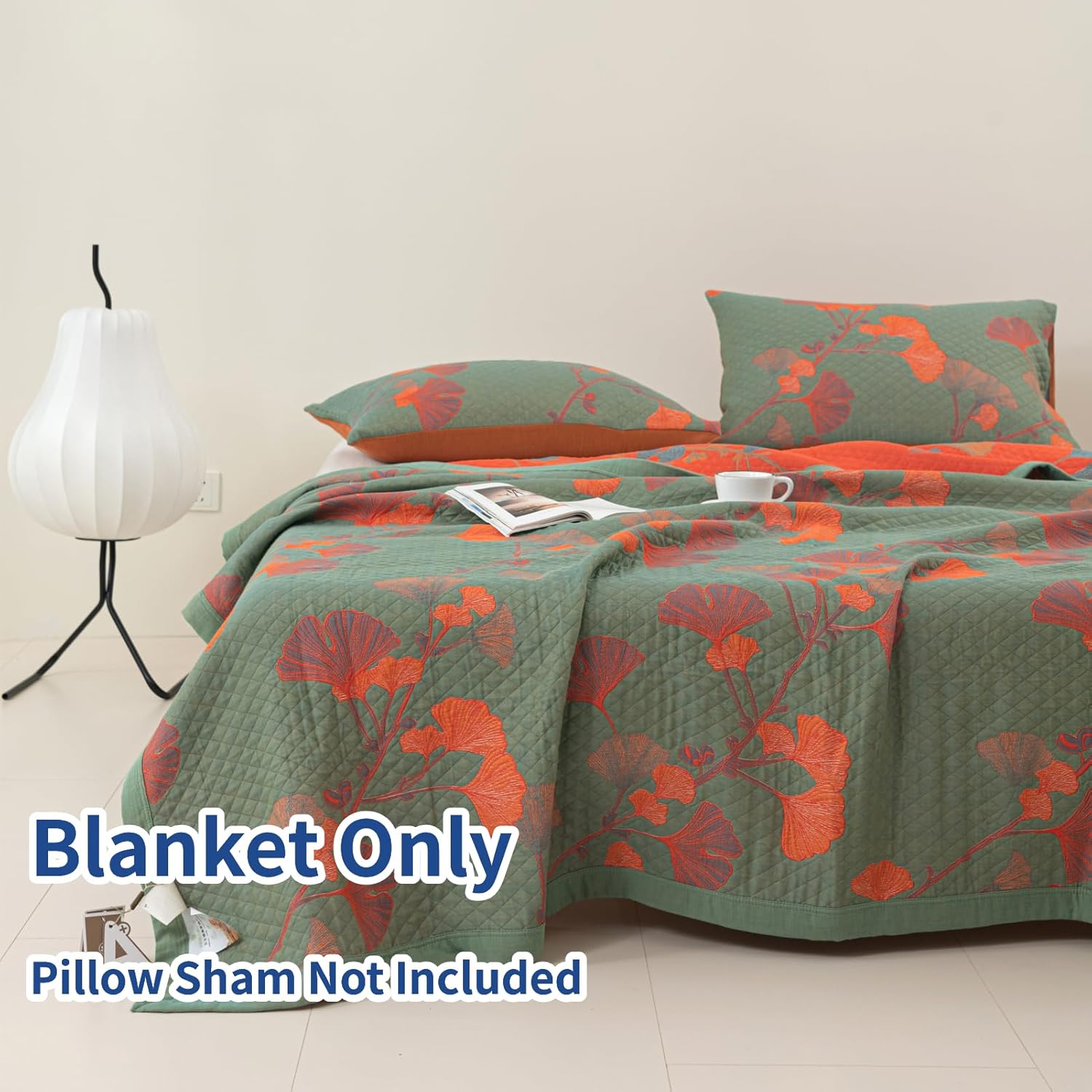 100% Cotton Muslin Blanket Jacquard Green Orange Floral Ginkgo Leaves Quilt, Soft Bed Cover Lightweight Breathable Gauzy Reversible Bedspread Coverlet Full/Queen(78"x94"), No Pillow Sham