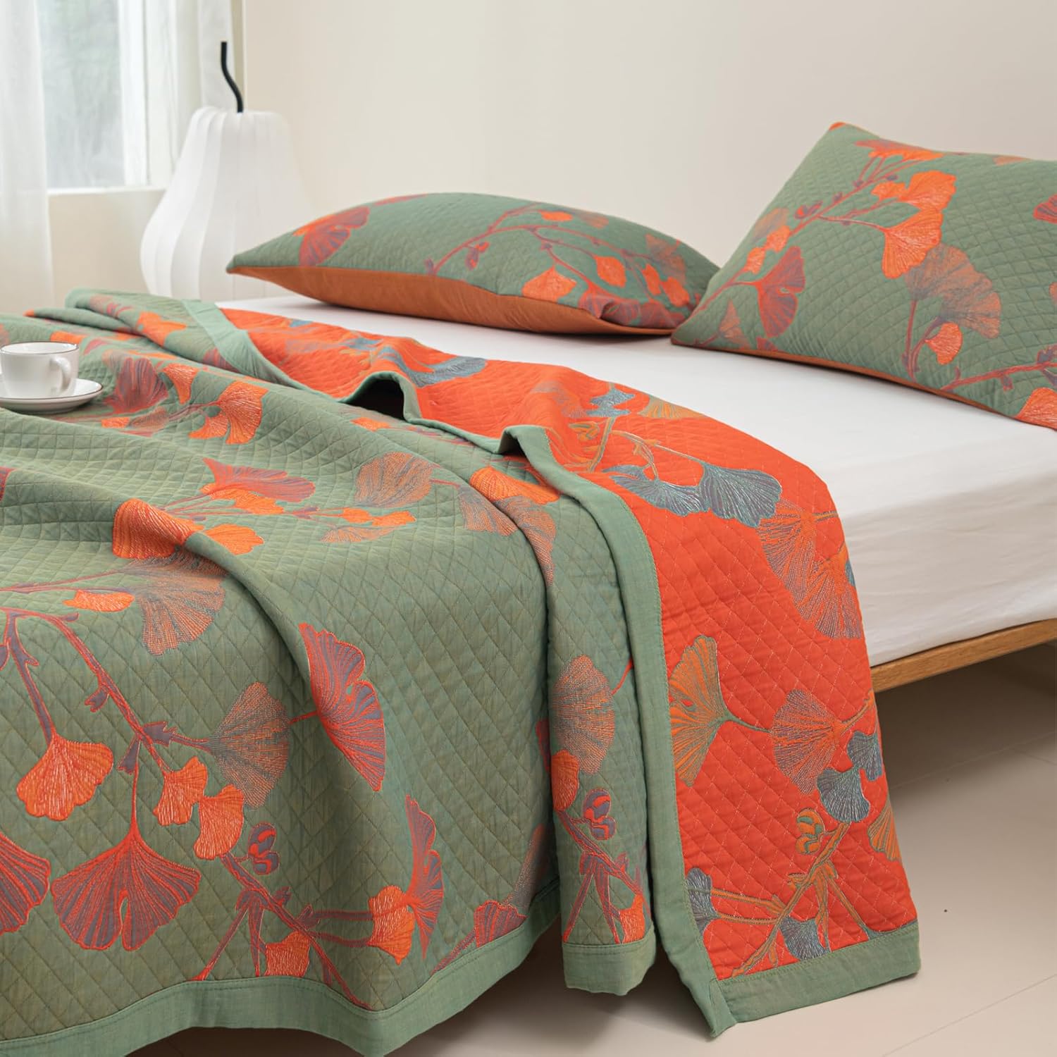 100% Cotton Muslin Blanket Jacquard Green Orange Floral Ginkgo Leaves Quilt, Soft Bed Cover Lightweight Breathable Gauzy Reversible Bedspread Coverlet Full/Queen(78"x94"), No Pillow Sham