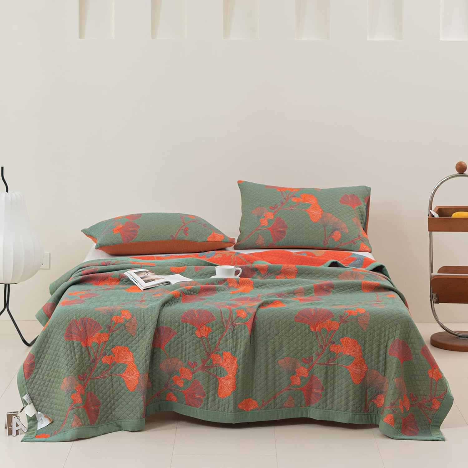 100% Cotton Muslin Blanket Jacquard Green Orange Floral Ginkgo Leaves Quilt, Soft Bed Cover Lightweight Breathable Gauzy Reversible Bedspread Coverlet Full/Queen(78"x94"), No Pillow Sham
