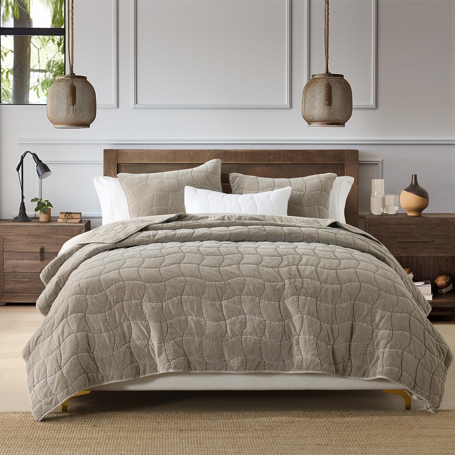 Cotton Quilt Queen, Taupe Stone-Washed Velvet Comforter 3-Pieces Full Cotton Bedspread with 2 Pillow Shams, Cozy Cloud Quilt Bedding Set Coverlet for All Season