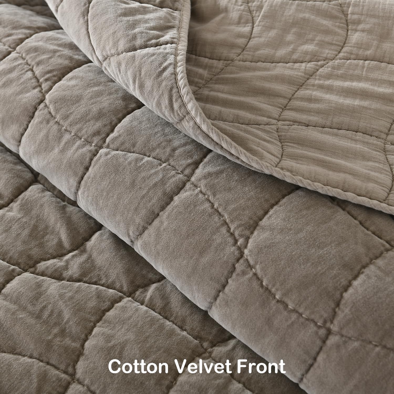 Cotton Quilt Queen, Taupe Stone-Washed Velvet Comforter 3-Pieces Full Cotton Bedspread with 2 Pillow Shams, Cozy Cloud Quilt Bedding Set Coverlet for All Season