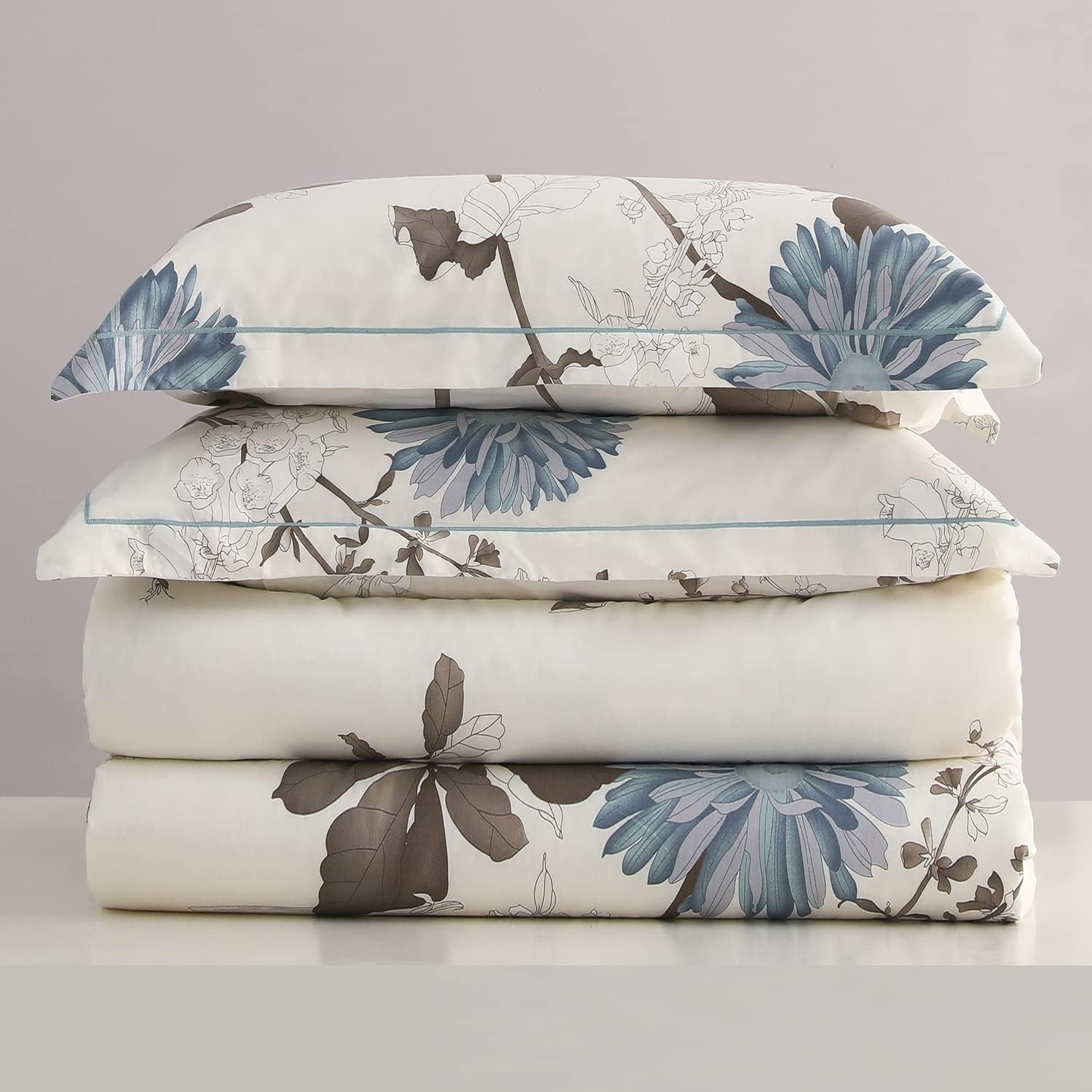 Comforter Queen Size, 600 Thread Count Cotton Brown Branches and Blue Flowers Off-White Comforter Sets, Down Alternative Bedding Set 3Pcs(Queen, Off-White Botanical)