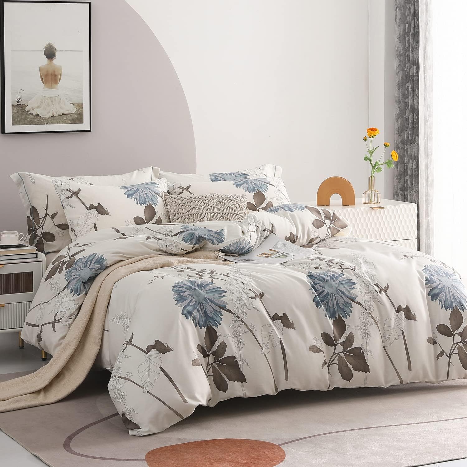 Comforter Queen Size, 600 Thread Count Cotton Brown Branches and Blue Flowers Off-White Comforter Sets, Down Alternative Bedding Set 3Pcs(Queen, Off-White Botanical)