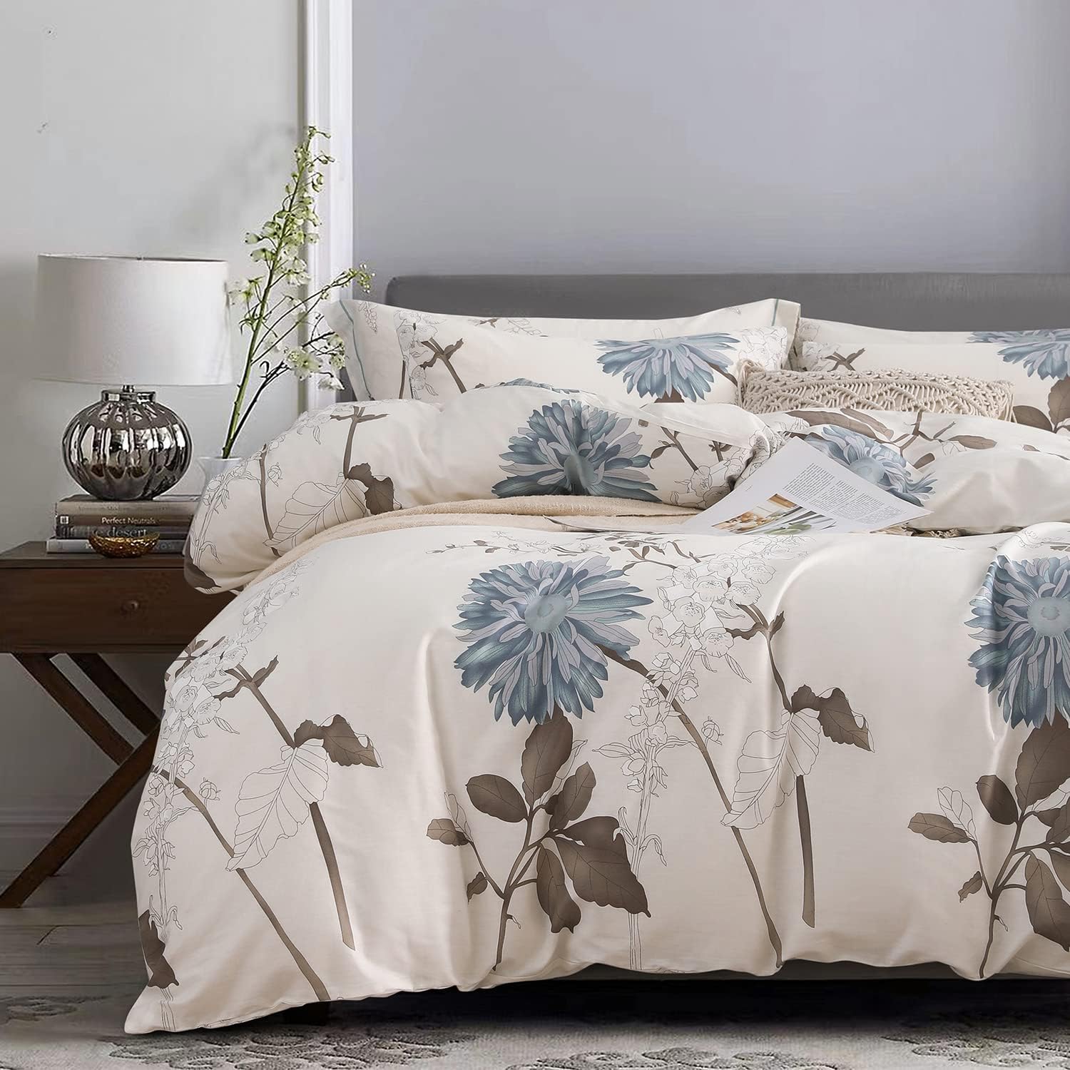 Comforter Queen Size, 600 Thread Count Cotton Brown Branches and Blue Flowers Off-White Comforter Sets, Down Alternative Bedding Set 3Pcs(Queen, Off-White Botanical)
